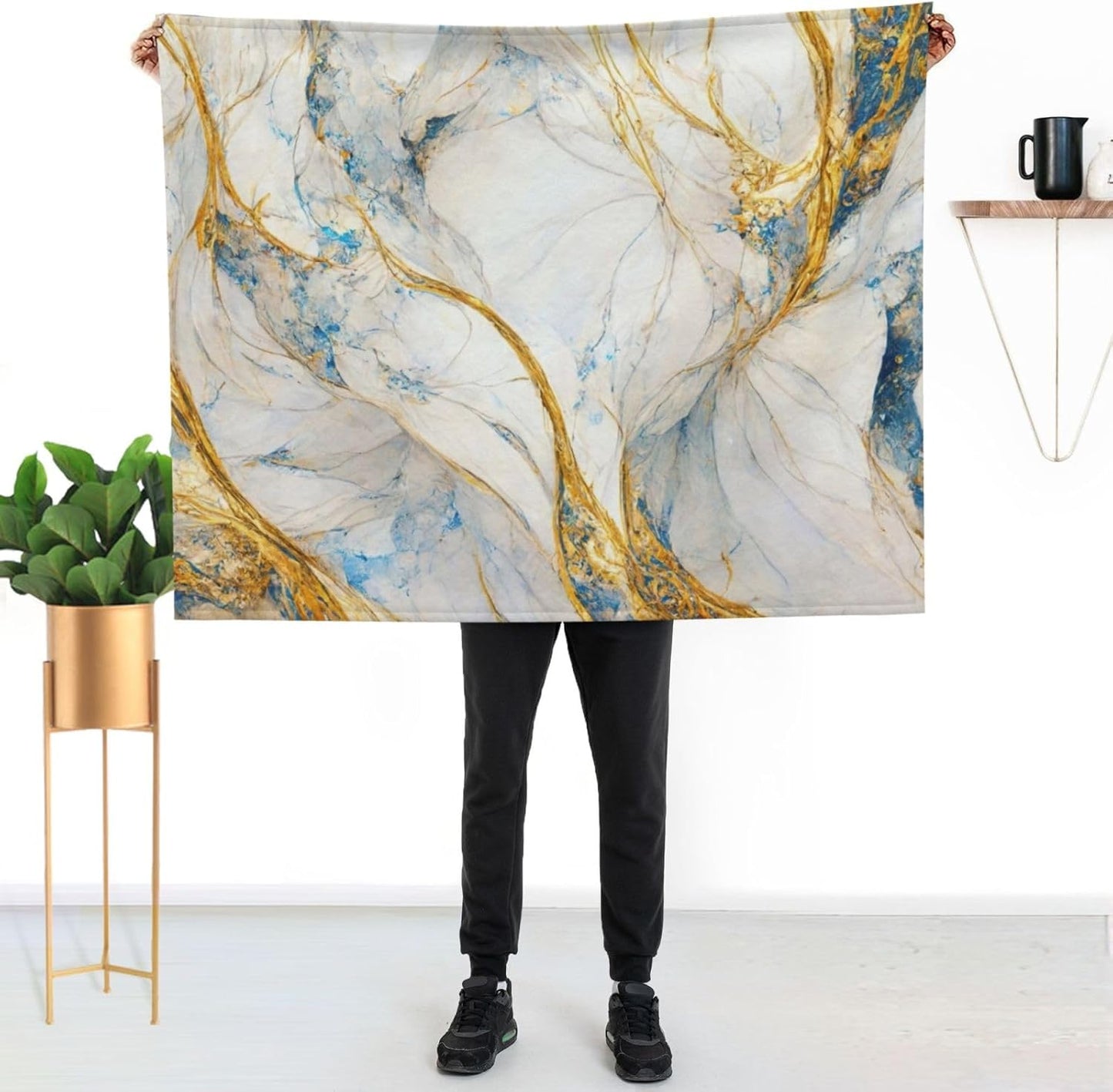 Abstract Luxury Blue Gold White Colors Marble Throw Blanket Cozy Warm Blankets Soft Flannel Blankets Gift Home Bedding Living Room Couch Sofa Bed for All Seasons Blanket 40x50inch