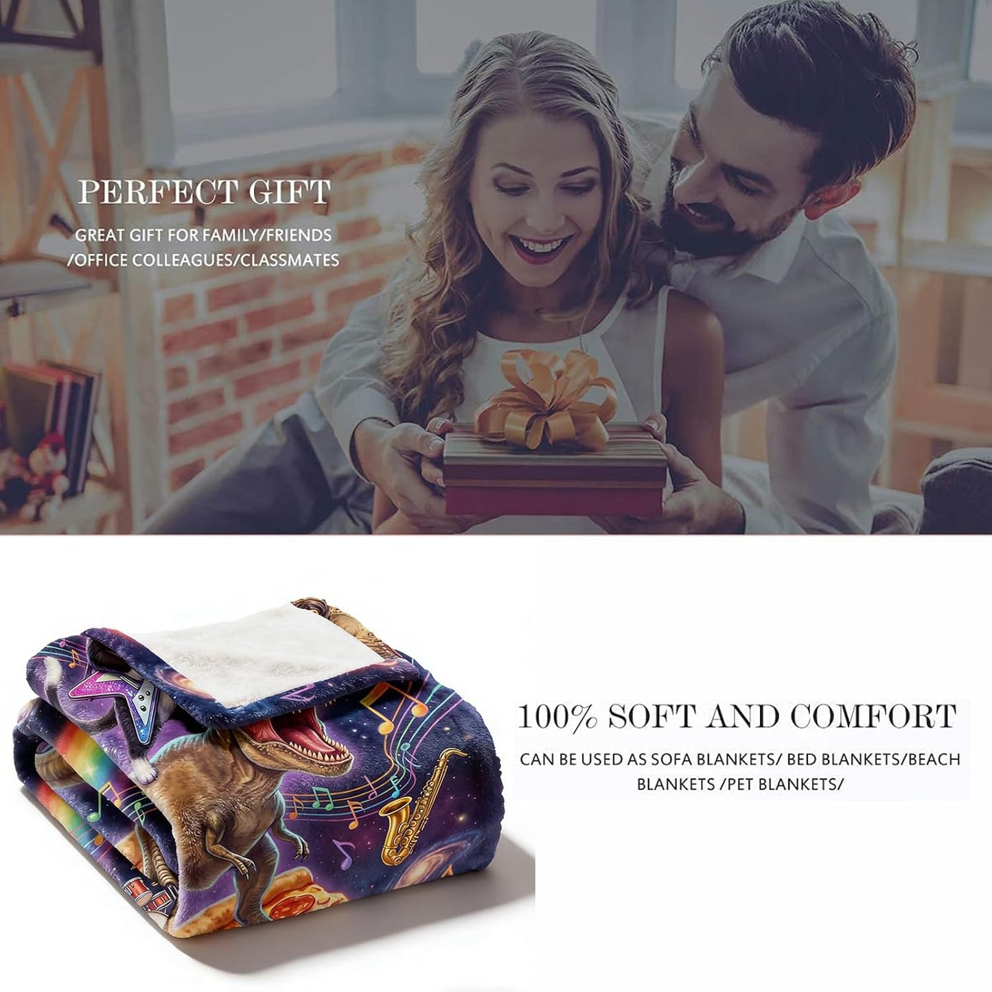 Funny Rock Cat Throw Blanket, Music Cat Pizza Dinosaur Musical Galaxy Soft Cozy Flannel Blanket for Music Lovers, 50×60 inch