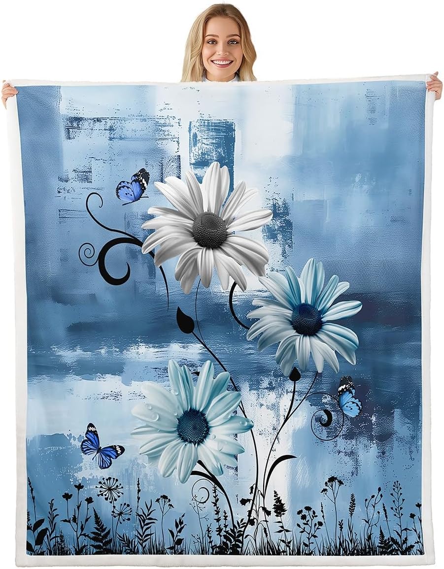 Rustic Floral Fleece Blanket,Farm Daisy Flowers Butterfly Country Throw Blanket for Adult Man,Blue Abstract Art Graffiti Lightweight Polyester Sherpa Blanket for Sofa, Queen (90 x 90 Inch)