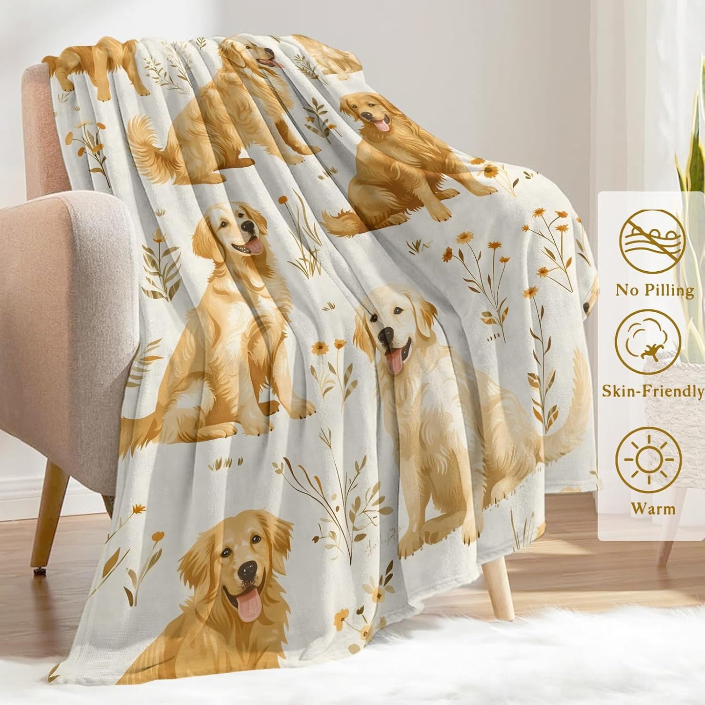 Golden Retriever Flannel Blanket - Lightweight Soft Cozy Gifts Blankets for Dog Lovers, Kids, Women,Cute Floral Art Style Throw,Elegant Home Room Modern Retro Decor 40x50in