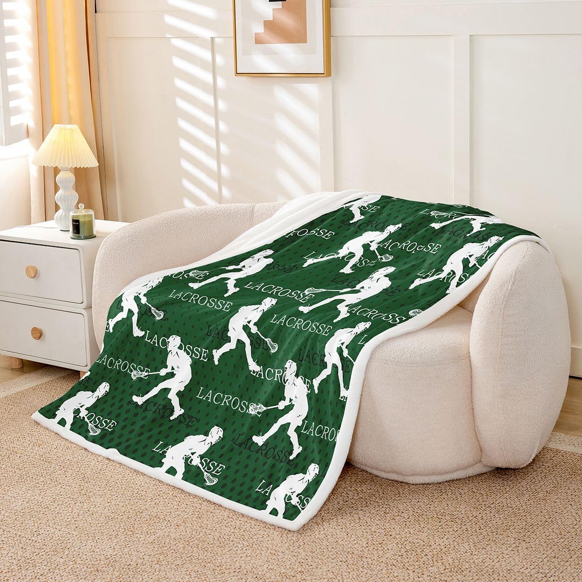 Feelyou Boys Lacrosse Sherpa Blanket Throw 50"x60" Lacrosse Player Pattern Fleece Throw Blanket for Kids Girls Sports Theme Green Decor Bedroom