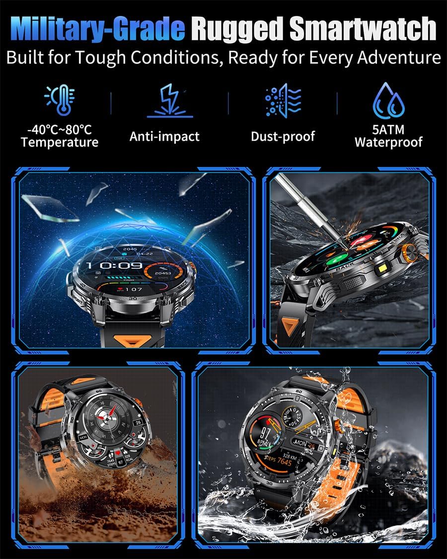 Military Smart Watches for Men,1000mAh/1.7" HD Large Screen Smartwatch, Led Flashlight, Answer/Make Calls,Waterproof,Heart Rate/Sleep Monitor/110+ Sport Modes Fitness Watch for Android/iPhone