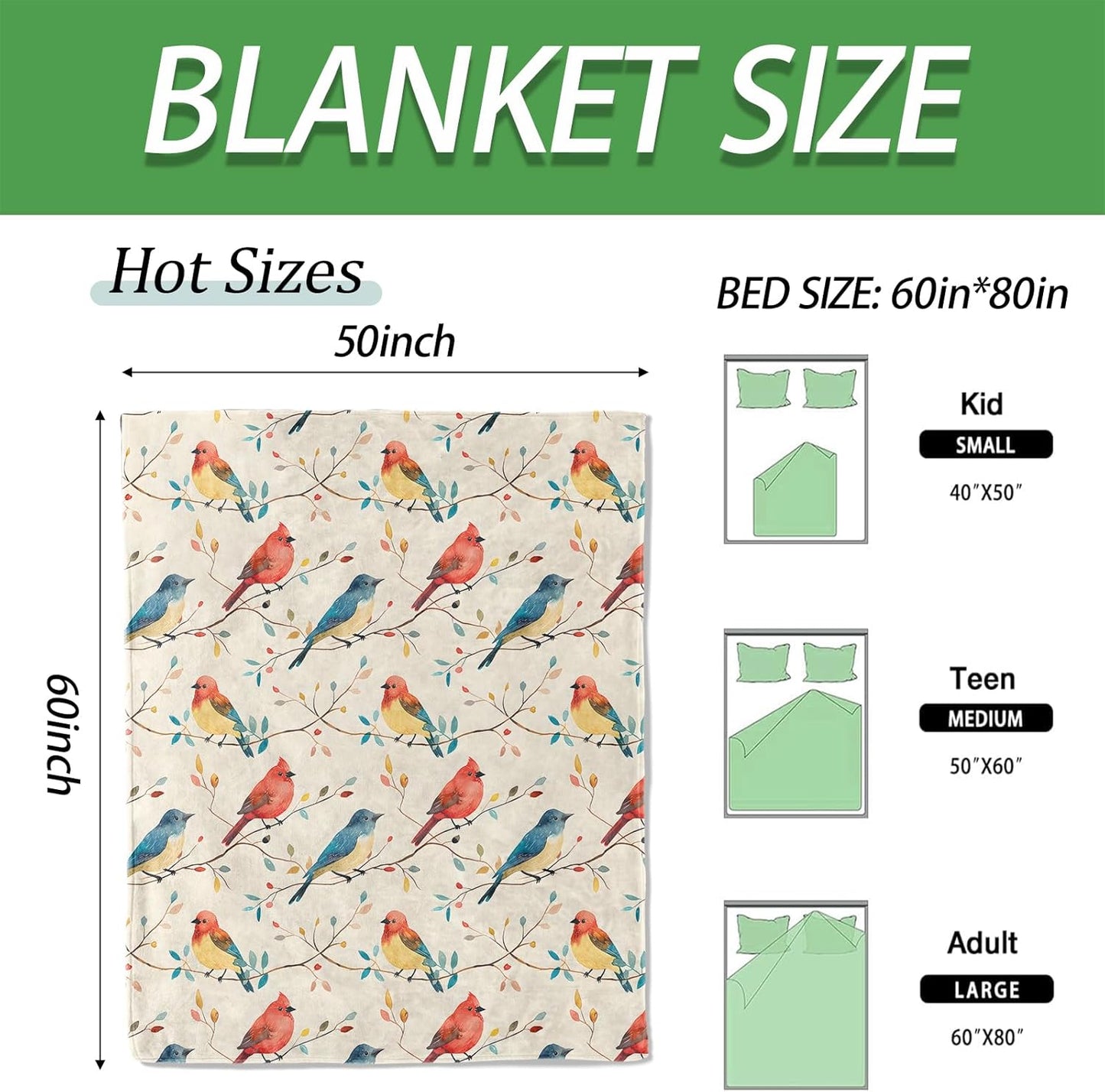 Bird Throw Blanket, Warm Flannel Blankets Colorful Birds and Branch and Beige Background, Vintage Nature Decor and Gifts, Soft Cozy Throws, 50"X60" for Bedroom Couch Travel Office