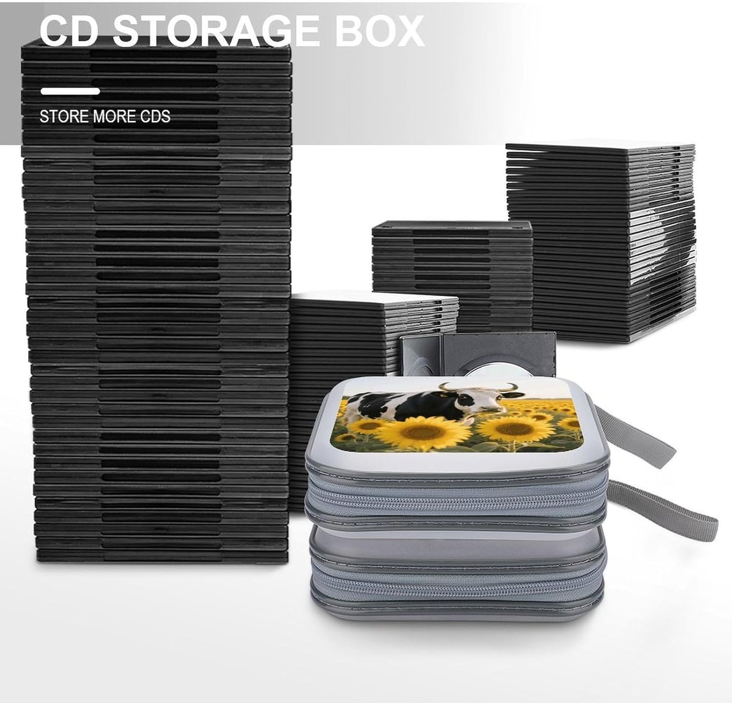 Cow Sunflowers CD Case Portable Zipper CD Case 40 Capacity Hard Plastic DVD Cases Holder Large Storage Disc Wallet Bag for Car Home Travel DVD Collection Bag