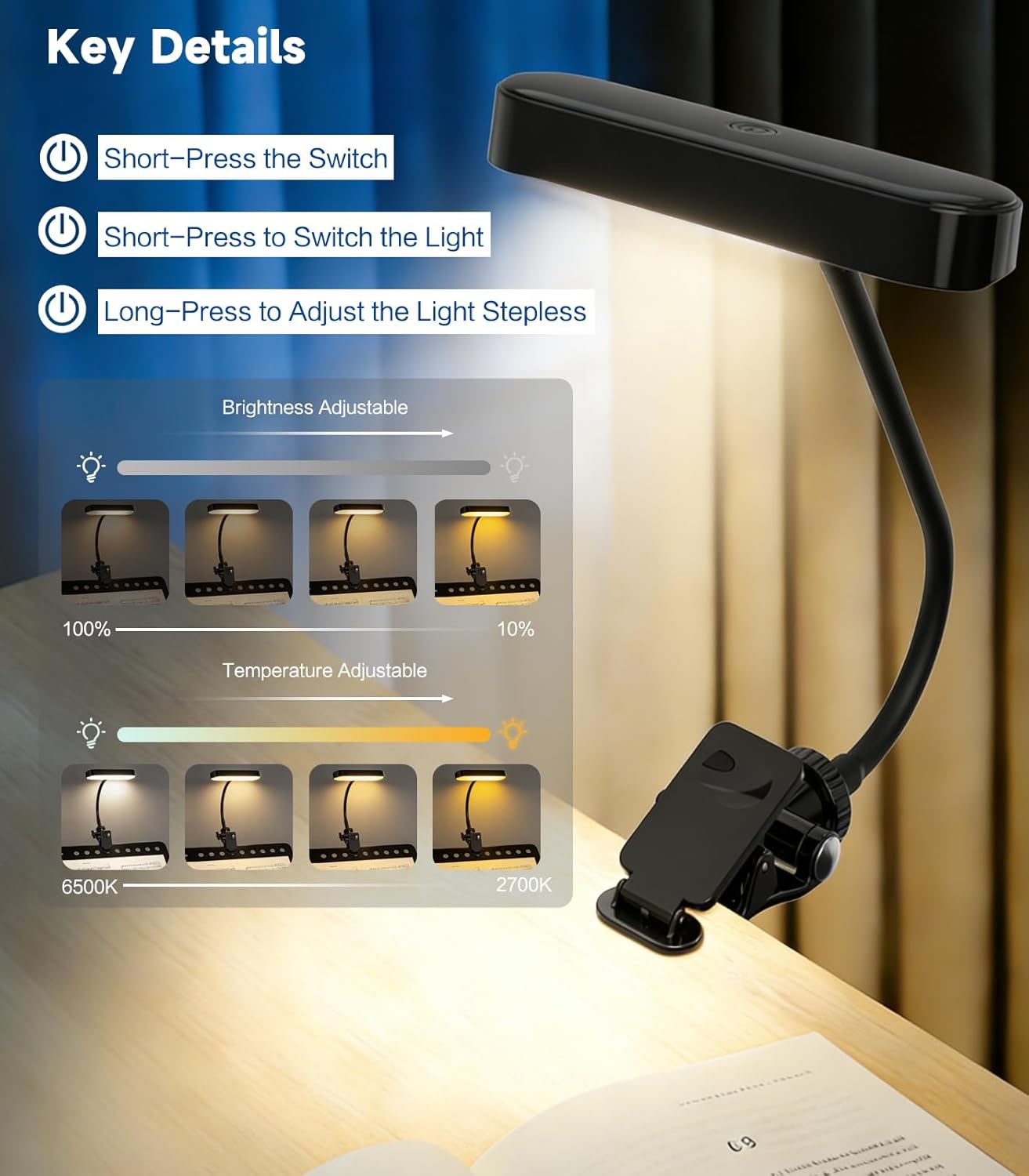2in1 LED Book Light and Desk Lamp, Clip On Reading Light for Bed & Books, 7.9IN Flexible Gooseneck Video Conference Light, 3 Color Modes Dimmable, Rechargeable Lamp for Laptop, Phone, Study