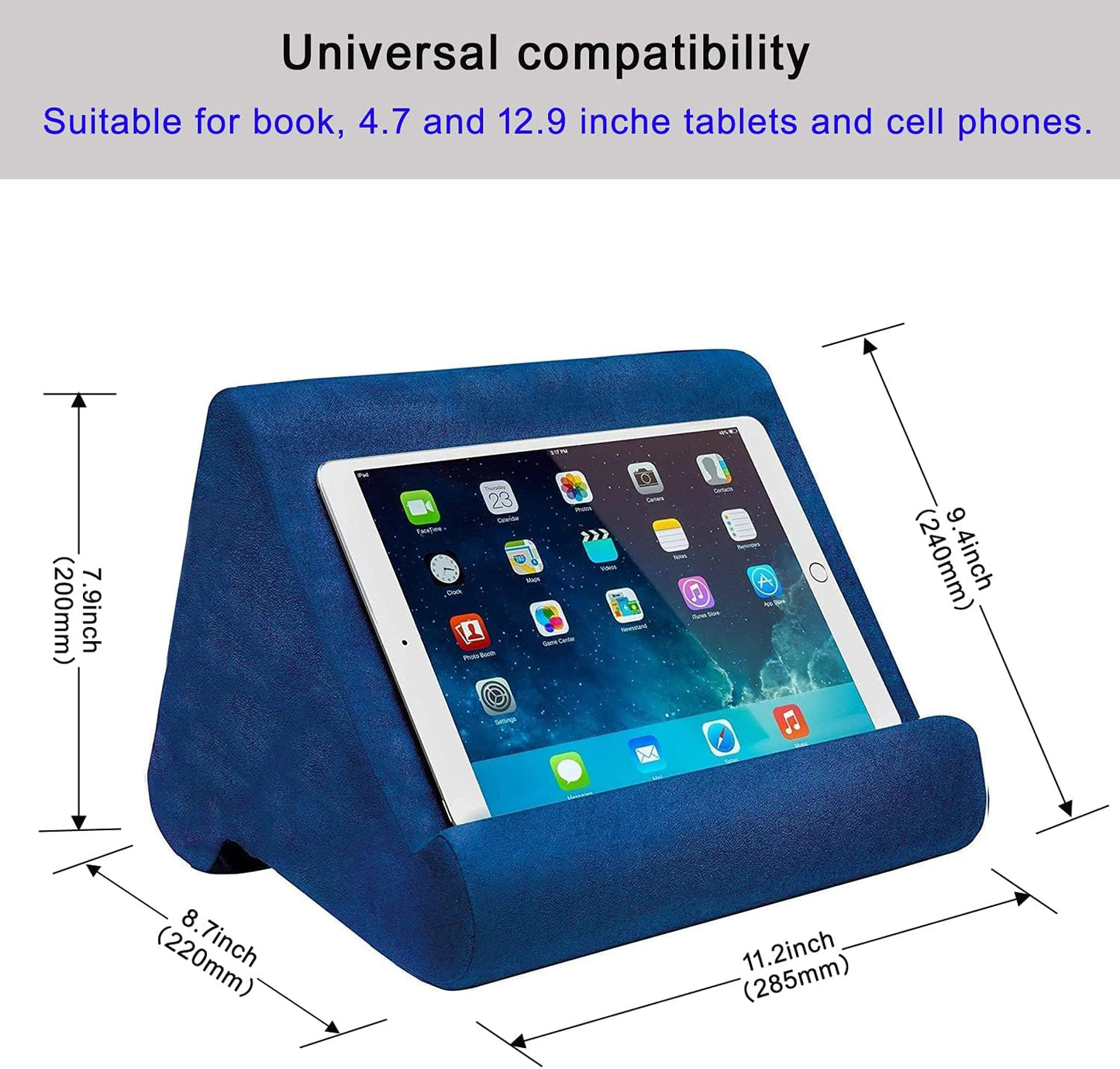 Tablet Pillow Stand - Tablet Holder Dock for Bed with Multi-Viewing Angles, Compatible with iPad Pro 9.7, 10.5,12.9 Air Mini 4 3, Kindle, Galaxy Tab, E-Reader (Blue)