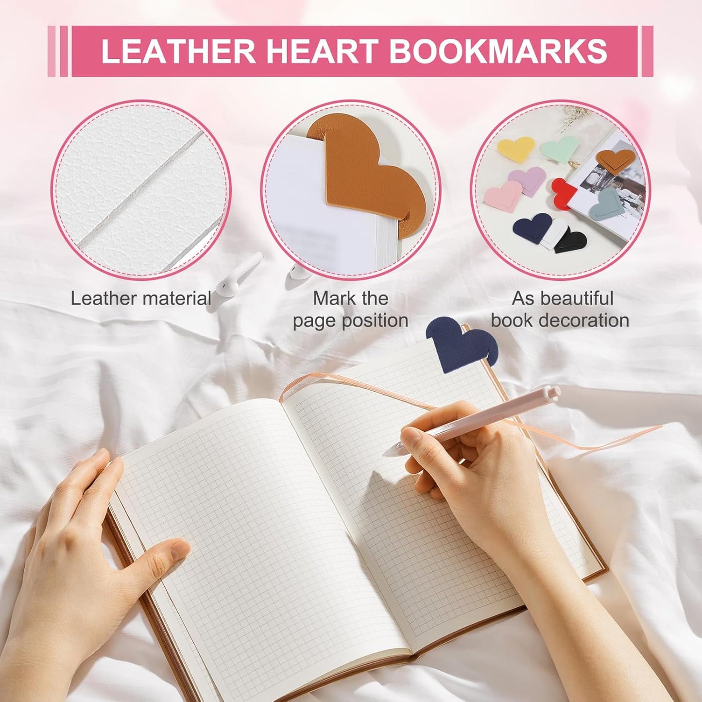 PATIKIL Leather Heart Bookmarks, 10Pcs Cute Corner Page Book Marks Bookmark Clips Book Accessories for Reading Lovers Women Men Teacher Gifts, White