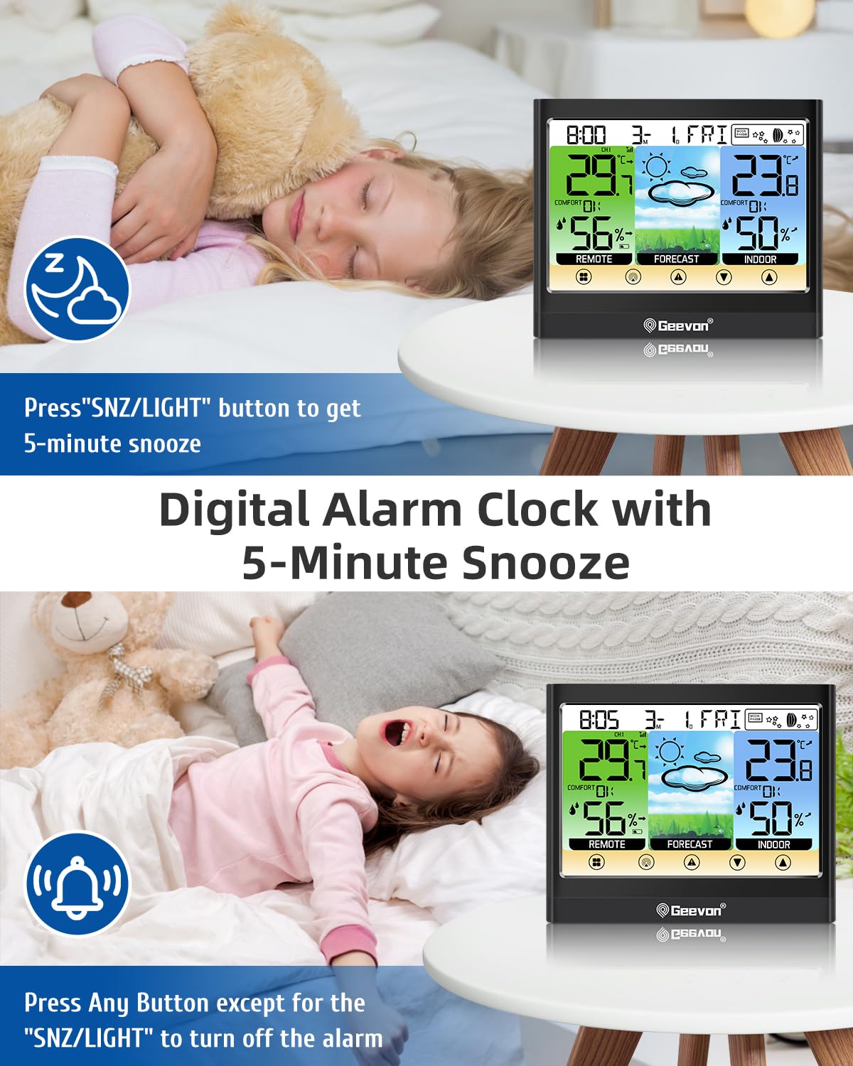 Geevon Weather Station Wireless Indoor Outdoor Thermometer Hygrometer with Dew Point, Heat Index, Touch LCD Display Digital Weather Thermometer with Alarm Clock and Adjustable Backlight
