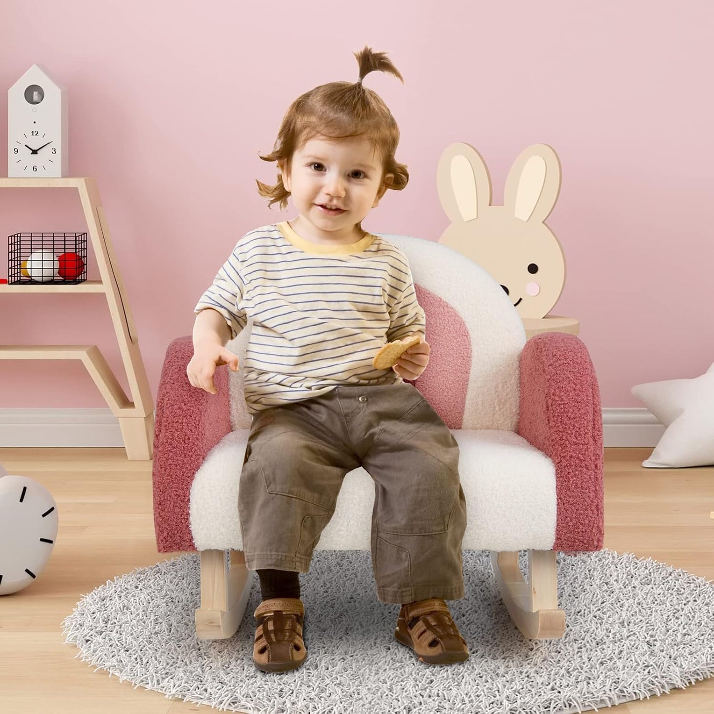 Kids Rocking Chair, Toddler Couch with Solid Wood Base & Non-Slip Pads, Kids Rocking Sofa with Plush Fabric, Cute Children Rocker Armchair in Playroom, Nursery, Bedroom