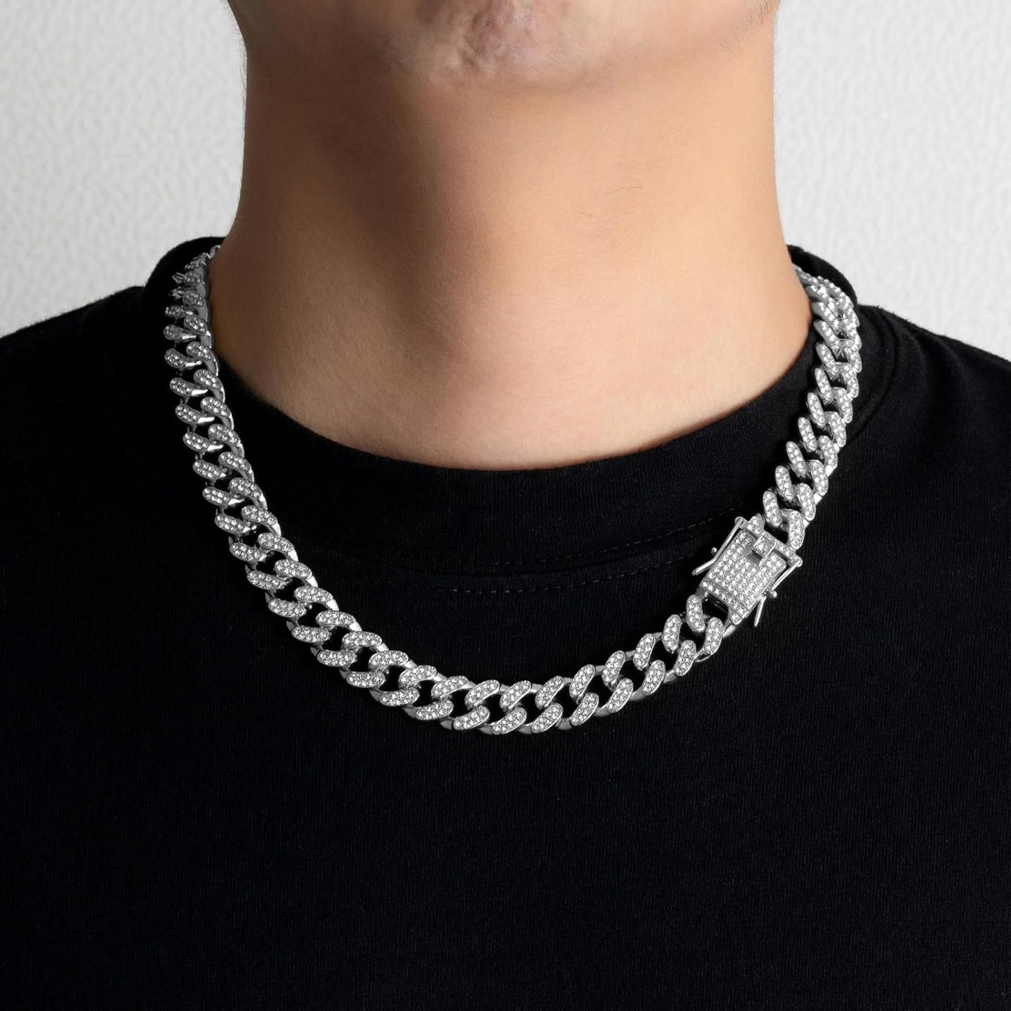 NEWITIN 15 Pieces Silver Jewelry Set for Men Stainless Steel Cuban Link Necklace Bracelet Cross Pendant Necklace Vintage Ring Cuban Jewelry Set for Men Women