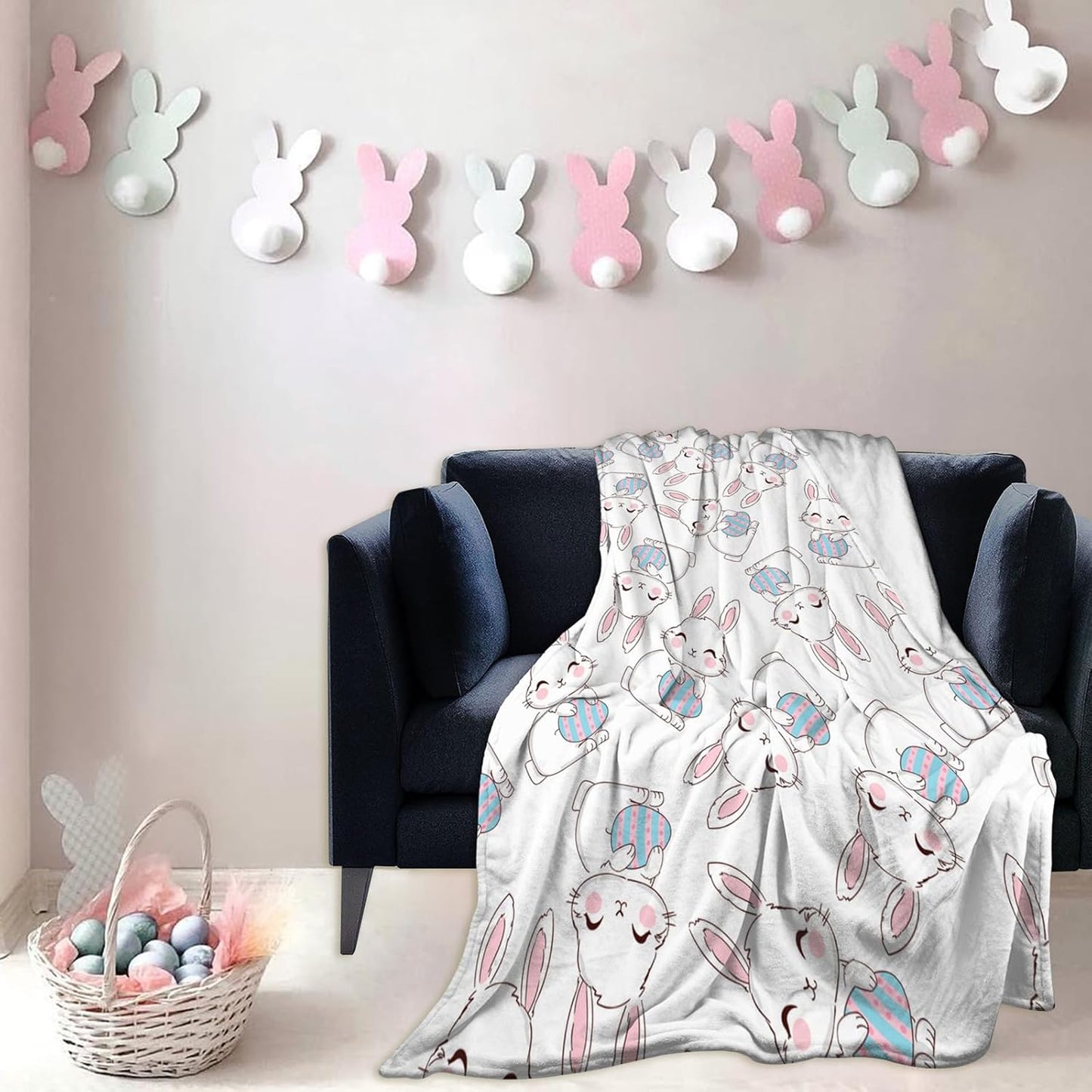 Happy Easter Bunnies Eggs Flannel Blanket, Cute Soft Lightweight Throw Fleece Blanket, Anti-Pilling 50X 60 in Women Throw Blanket for Bed Sofa Couch Camping Travel