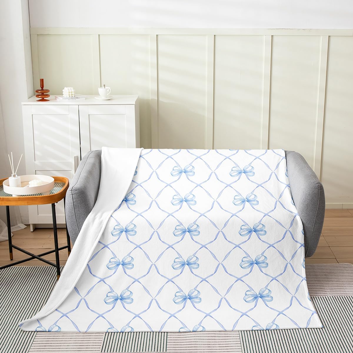 Erosebridal Bowknot Blanket Twin 60x80 Inch Bow Knot Throw Blanket for Kids Butterfly Knot Bow Tie Fleece Blanket Aesthetic Coquette Bedroom Decor Geometric Cartoon Blue Sherpa Blanket