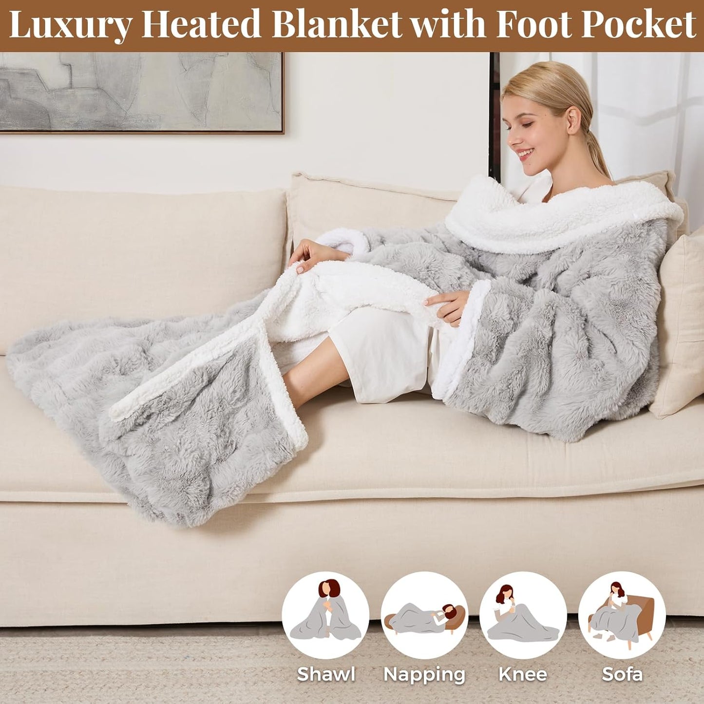 Wearable Heated Blanket, Luxury Faux Fur & Sherpa Electric Throw Blanket with Sleeves, Foot Pockets, Heated Robe for Women Men Gift, 3 Heat Levels & 12H Timer, ETL & FCC Certified, 52"x 72" Light Grey