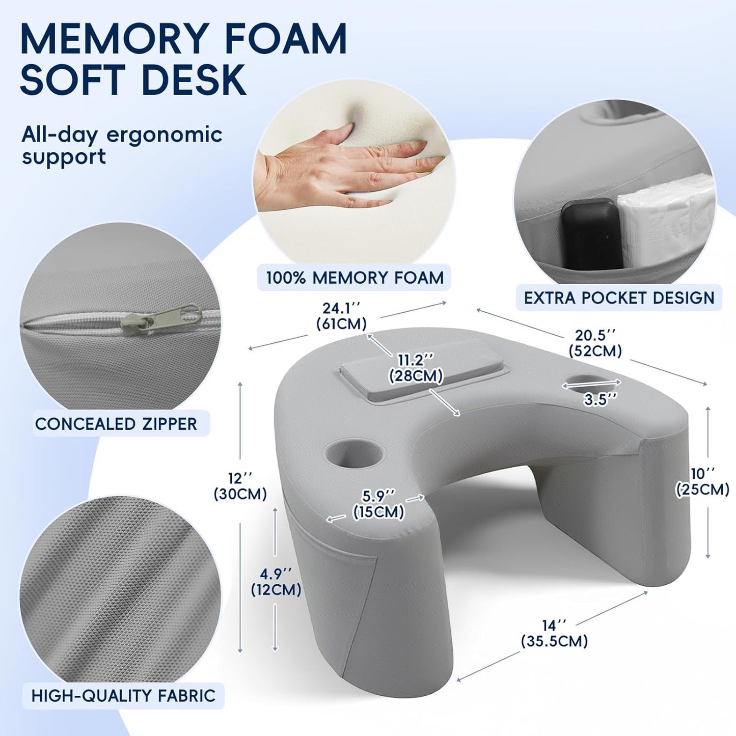 Reading Pillow, Lap Desk Pillow for Adult, Gaming Pillow for Arm Support with Cup Holder, Memory Foam Bed Desk for Working, Playing Game or Siting in Bed, Floor, Sofa (Grey)