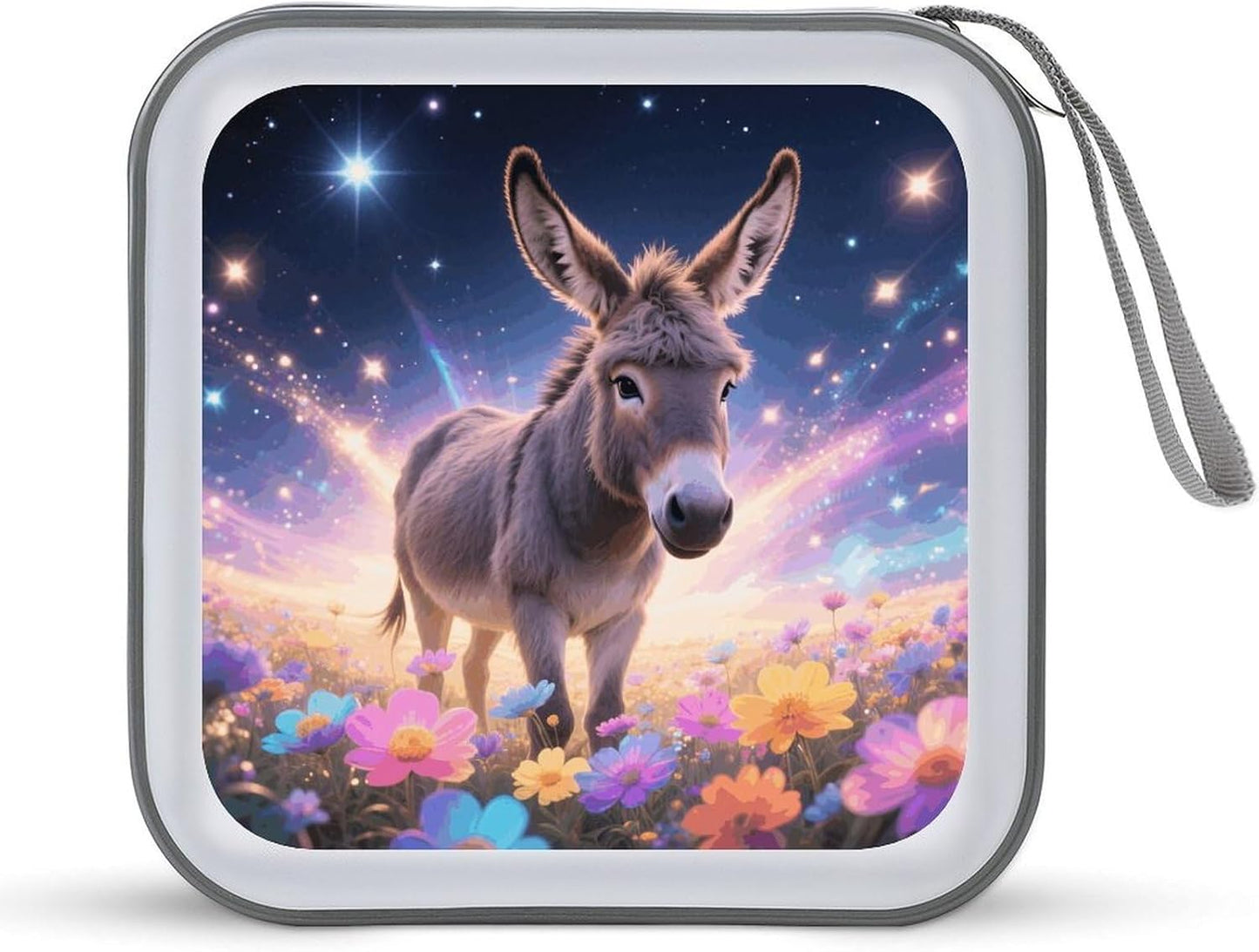 Donkey in Magic Blooms CD Case Portable Zipper CD Case 40 Capacity Hard Plastic DVD Cases Holder Large Storage Disc Wallet Bag for Car Home Travel DVD Collection Bag