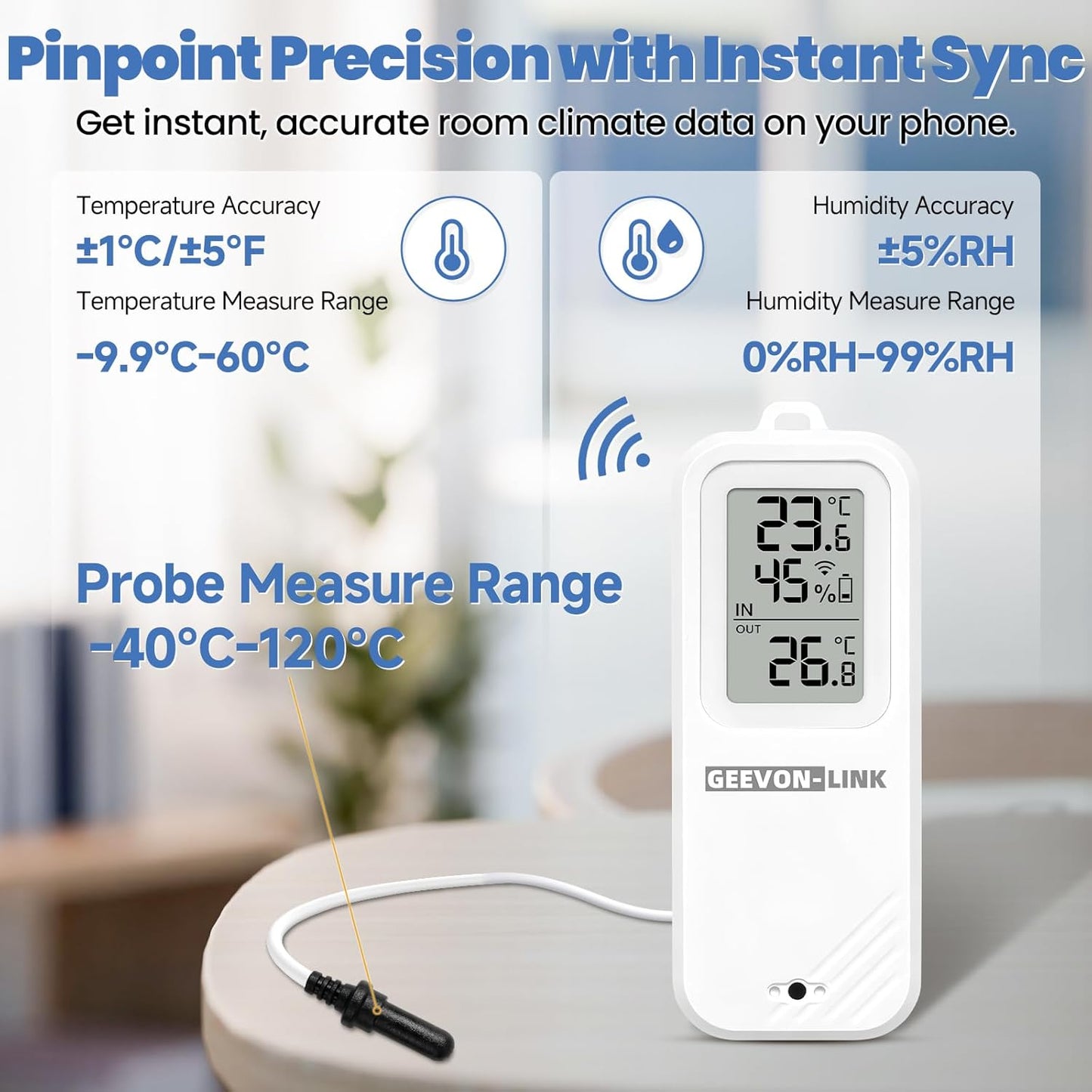 2PC WiFi Refrigerator Thermometer Hygrometer with Alarm, Freezer Temperature with Probe, Wireless Digital Fridge Thermometer Humidity Sensor, Free Data Export for Home Kitchen Fridge Tub
