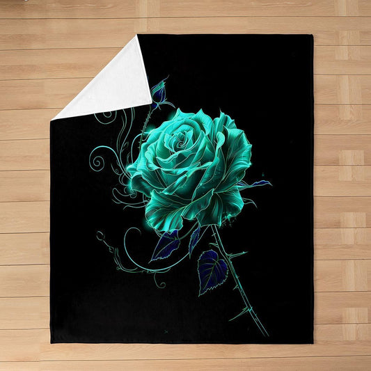 Feelyou Glowing Teal Rose Print Plush Throw Blanket Black Gothic Flannel Blanket Throw 50"x60" Swirling Line Art All Season Gothic Romantic for Couch Bed Sofa Moody Floral Decor Bedroom Decor