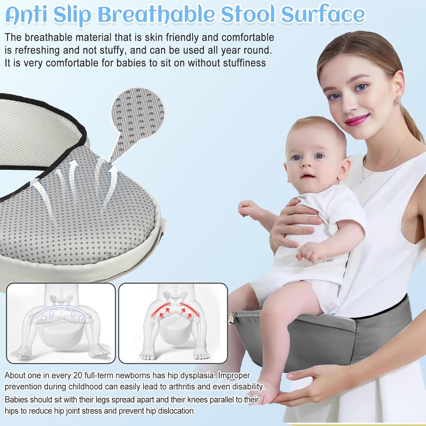 Baby Carrier with Hip Seat,Safety-Certified 2-in-1 Baby Carrier Newborn to Toddler, Adjustable Detachable Infant Hip Seat for Baby 44lbs, Comfortable Lightweight, Baby Bibs for Boys and Girls, Gray