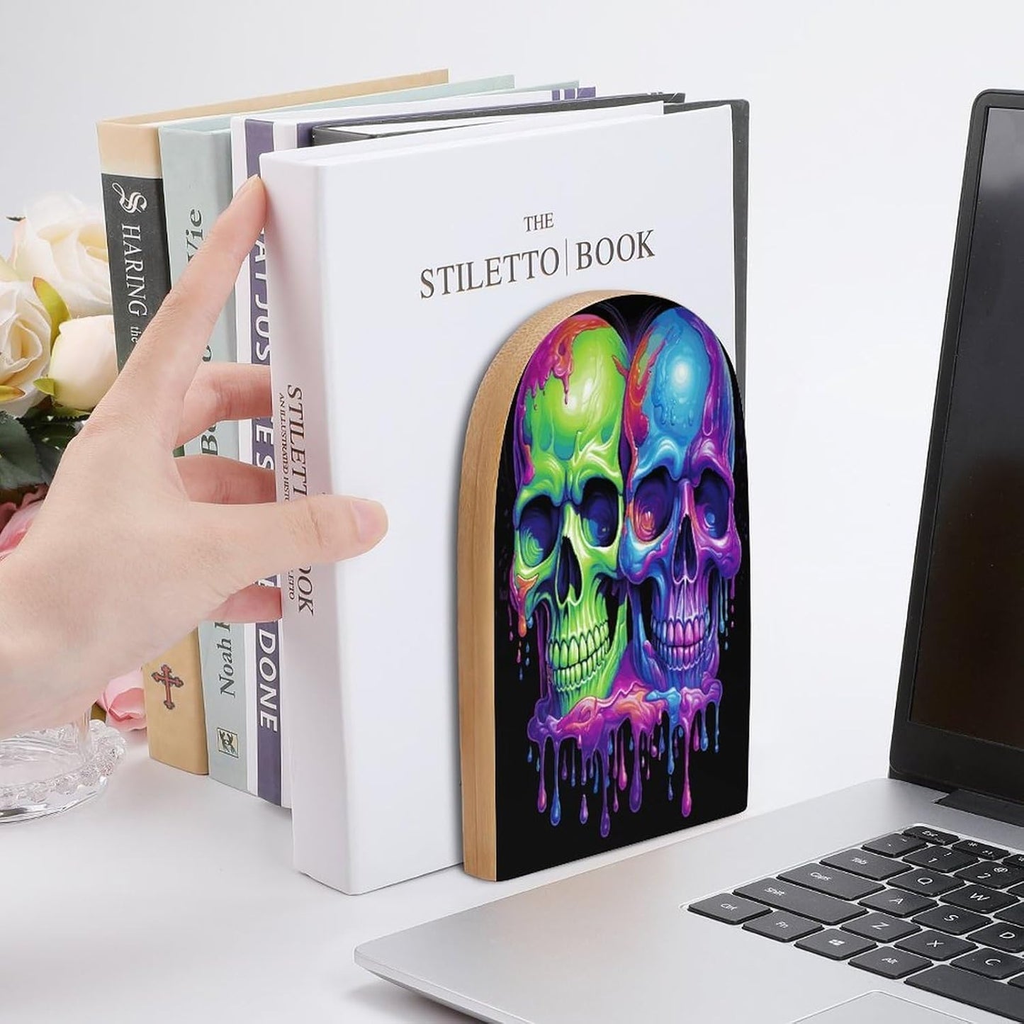 Two Colorful Skulls Bookend for Shelves Wooden Book End Large Size Sturdy Book Holders Stoppers with Metal Base for Bookshelves Slick Decorative Bookends Stands