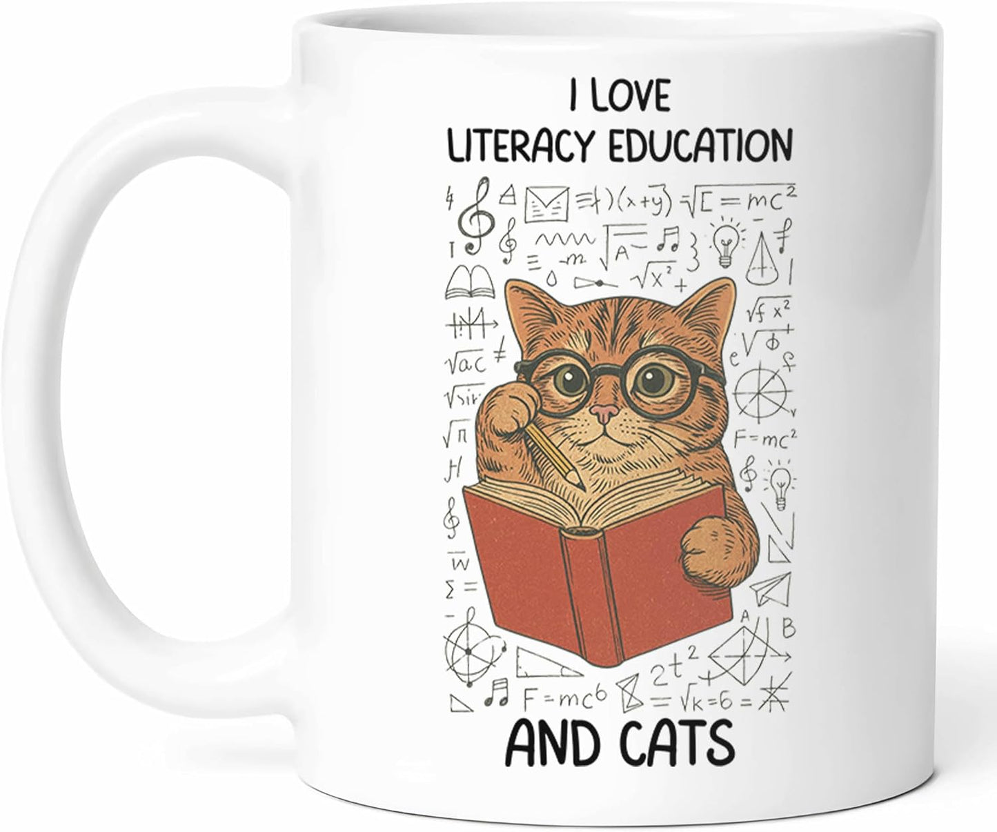 Literacy Education And Cats Mug - Reading Skills Coffee Cup - Book Lover Funny Gift From Teachers - Friends Tea Mugs - Enthusiast Cups - 11 Oz Ceramic Gifts For Parents, Birthday, Him, Her, Christmas