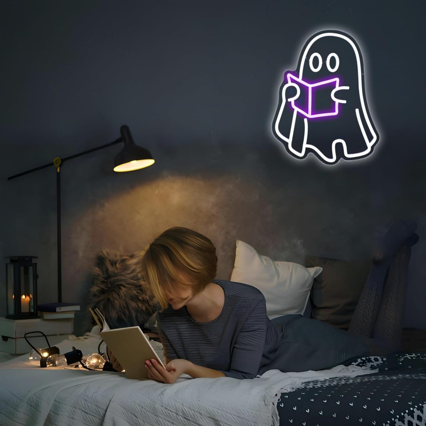 Ghost Read Book Neon Sign Led Neon Lights Signs for Wall Decor USB Powered Led for Room Decoration Home Bar Game Room Party Decor