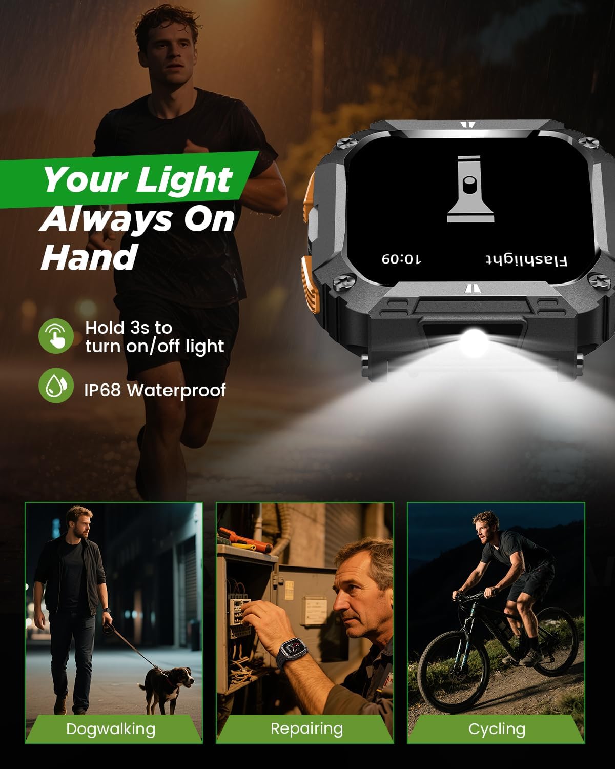 Smart Watches for Men, 1.95'' Fitness Watch: Waterproof Military Smart Watch with 100 Days Battery Life/Call/Flashlight/Sleep/SpO2/Heart Rate Monitor/Step Tracker, Sport Smartwatch for Android iPhone