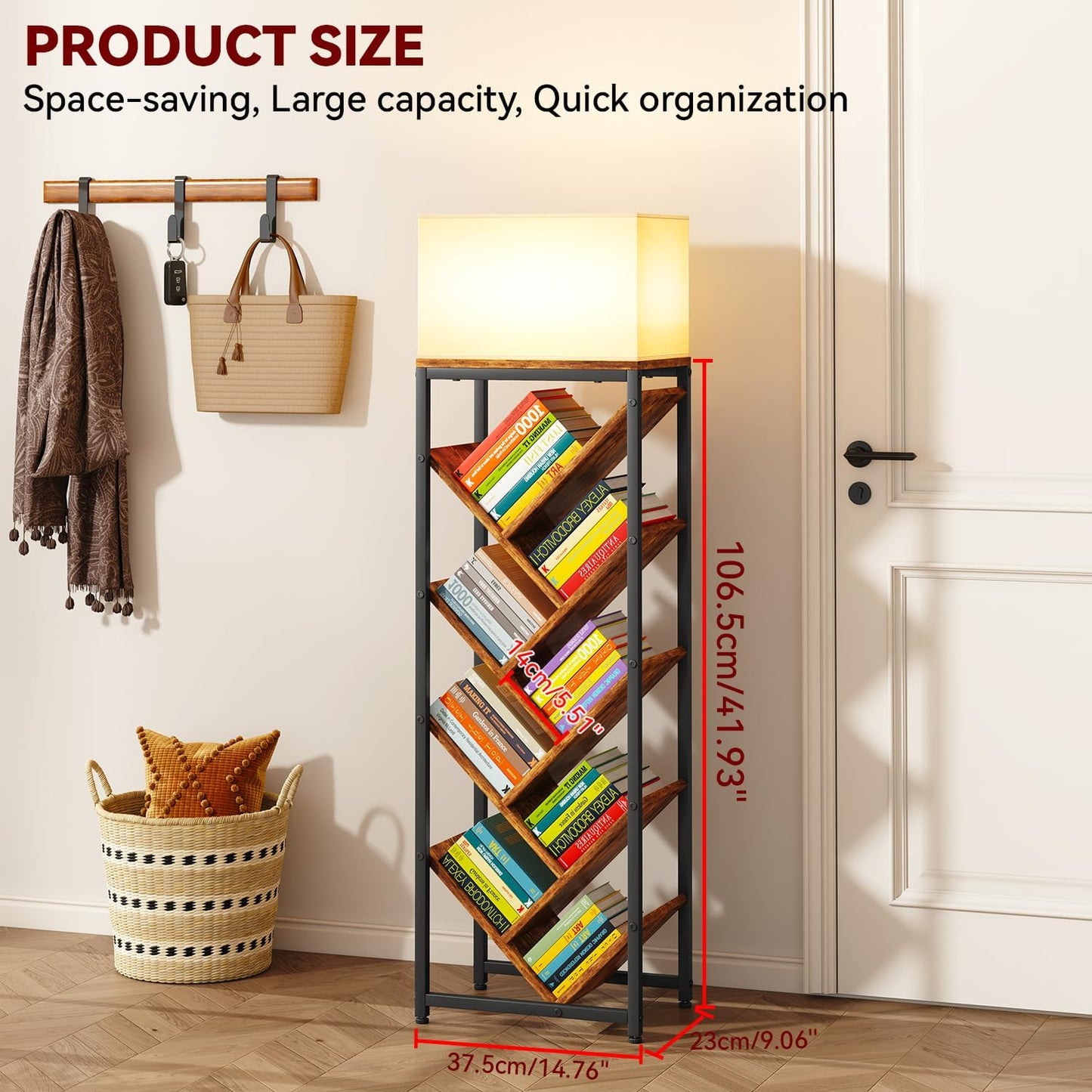 IBUYKE 9 Tier Tree Bookshelf, Floor Standing Wood Bookshelf for Narrow Space, Storage Organizer Bookcase for Books/CDs/Movies, Small Corner Bookcase for Bedroom Living Room,Rustic Brown,TBC002H