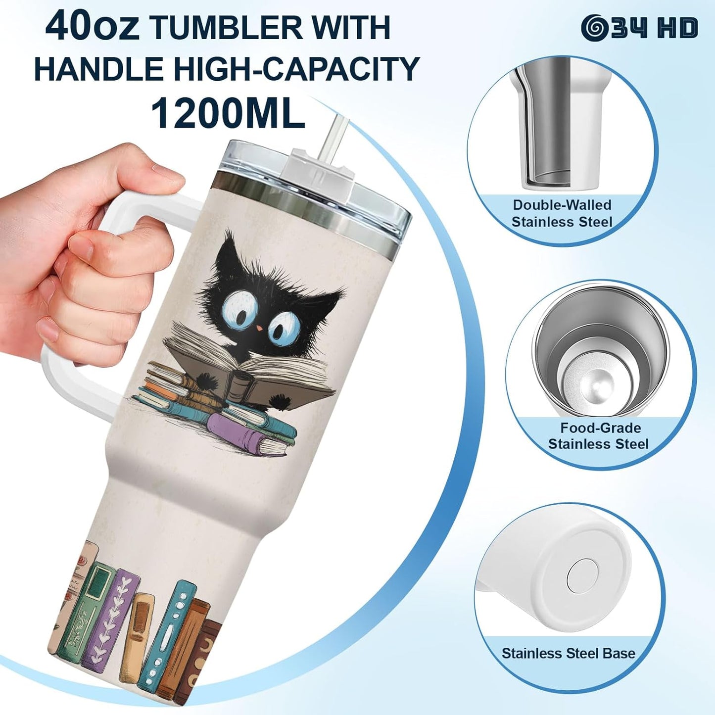 34HD Cat Book Tumbler 40oz with Handle Lid and Straw, Funny Once Upon a Time Girl Loves Bookish Items Vacuum Insulated Travel Mug, Birthday & Mother's Day Gifts for Pet Lovers & Him Her
