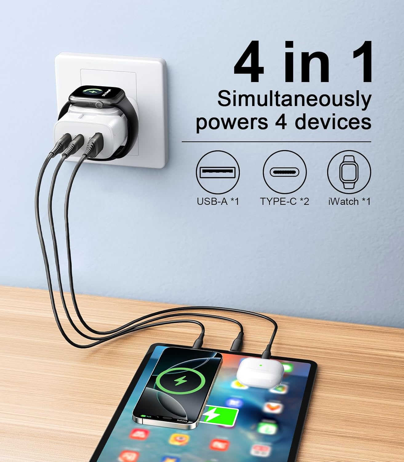 4 in 1 for Apple Watch Charger,Wireless Magnetic iWatch Charger,Portable Travel Essentials 40W USB C Fast Charging Block for Phone AirPods iWatch Ultra/SE/11/10/9/8/7/6,iPhone 17/16/15/14Devices,White