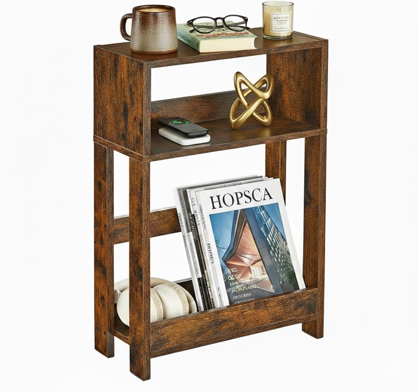 3-Tier Narrow Side Table,Skinny End Table and Bedside Nightstand for Small Space - Rustic Brown