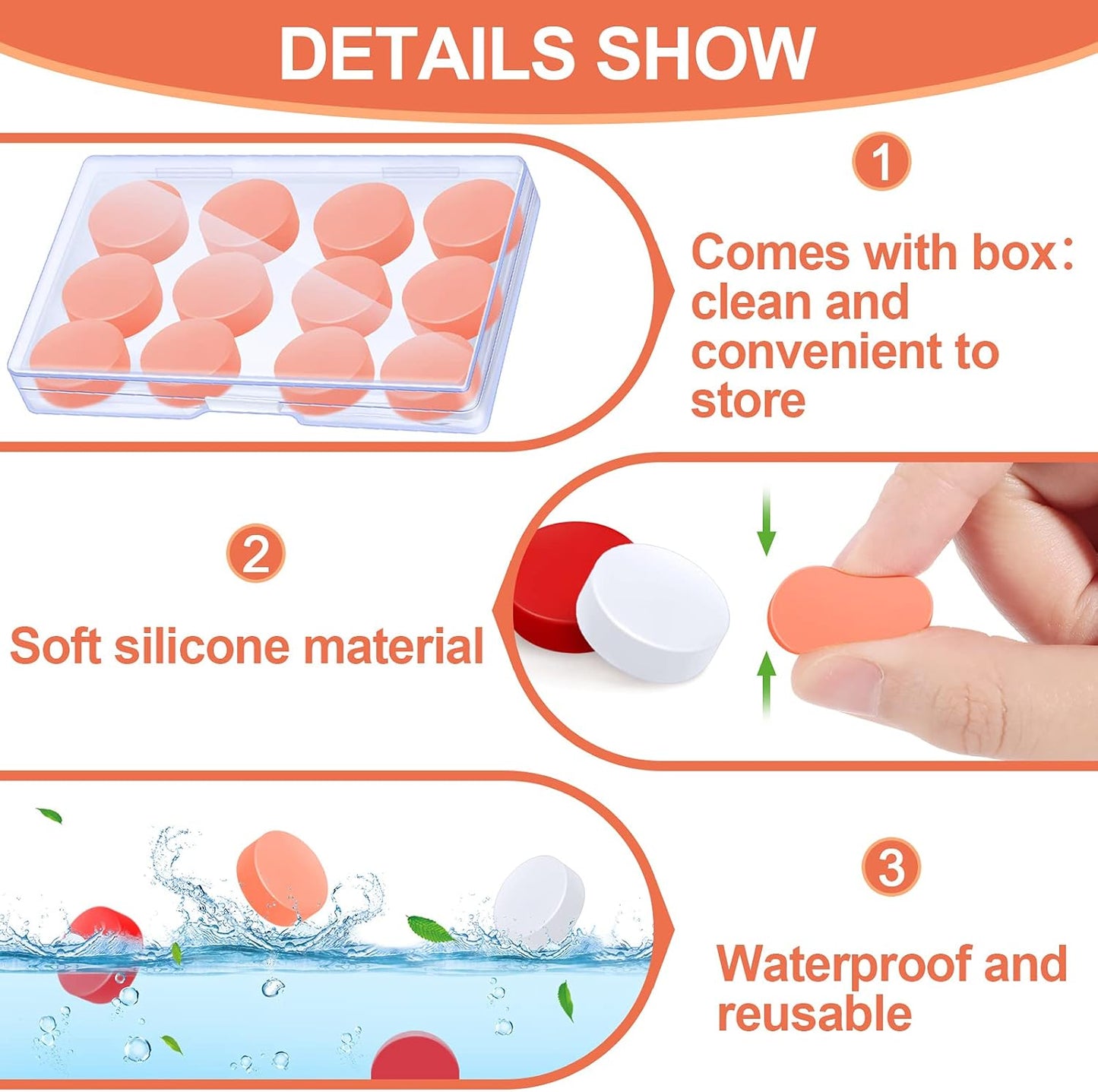 Frienda 36 Pairs Ear Plugs for Sleeping Reusable Moldable Silicone Gel Wax Earplugs Waterproof Earplugs Noise Cancelling Ear Plugs for Adults Swimming Snoring Studying(White, Red, Orange)