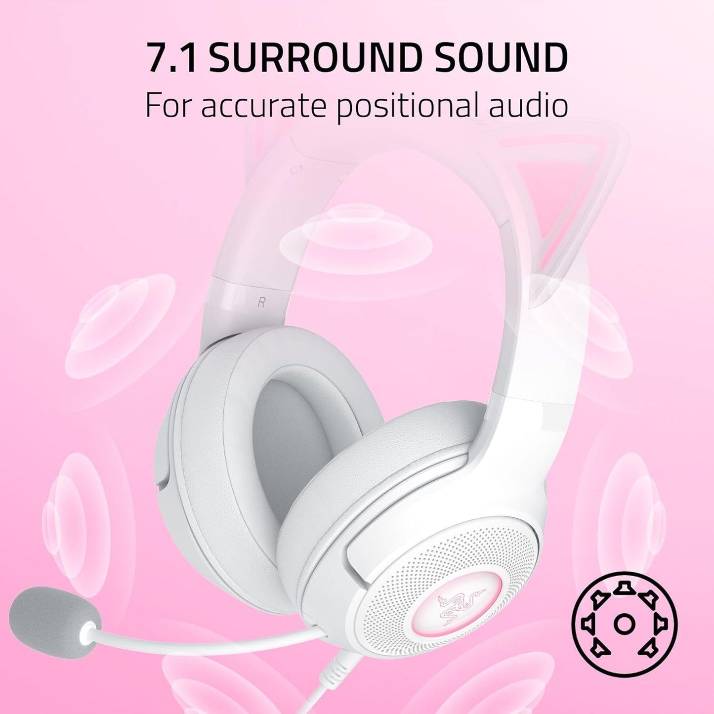 Razer Kraken Kitty V2 USB Wired Headset: Chroma RGB Kitty Ears - Stream Reactive Lighting - HyperClear Cardioid Mic - 40 mm Drivers - 7.1 Surround Sound - Comfortable Ear Cushions - White