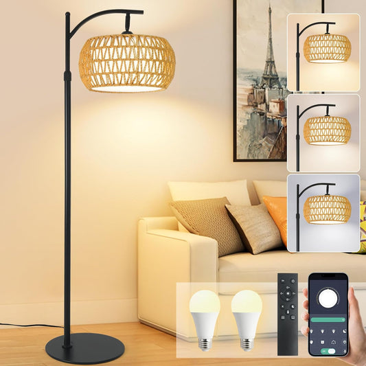 Boho Rattan Floor Lamp with Shade – 12W Bright Dimmable LED Bulb, Remote Control 3 Color Temperatures, Modern Farmhouse Handwoven Arc Standing Light for Living Room Bedroom