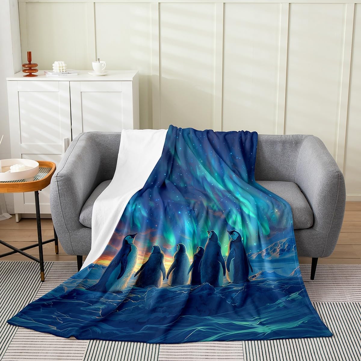 Erosebridal Penguin Throw Blanket for Kids Boys Girls 3D Penguin Print Fleece Blanket Twin 60X80 Cute Antarctic Animals Fuzzy Blanket Teal Blue Sky Flannel Blanket Iceberg Galaxy Landscape Blanket