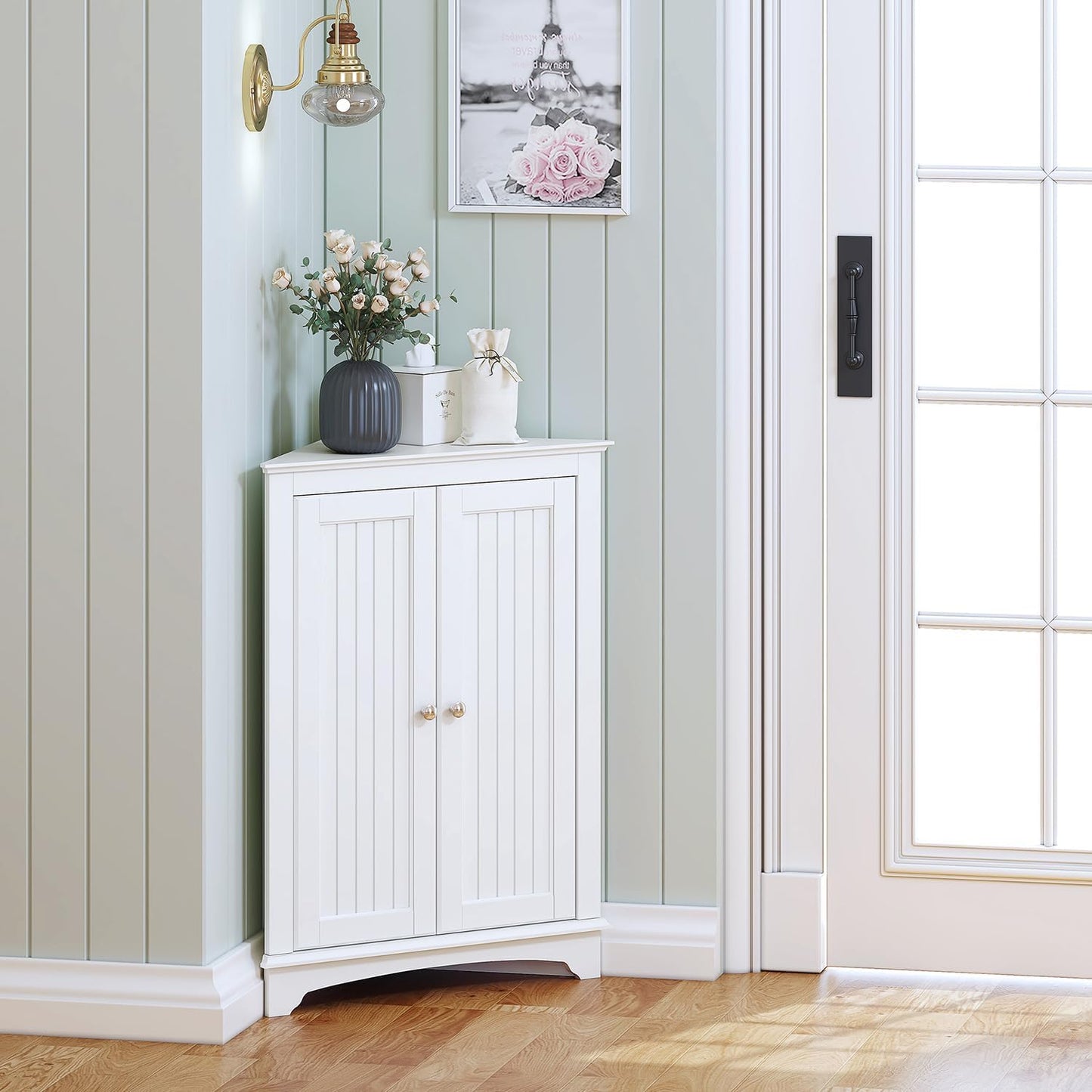 Spirich Floor Corner Cabinet with Two Doors and Shelves, Free-Standing Corner Storage Cabinets for Bathroom, Kitchen, Living Room, White