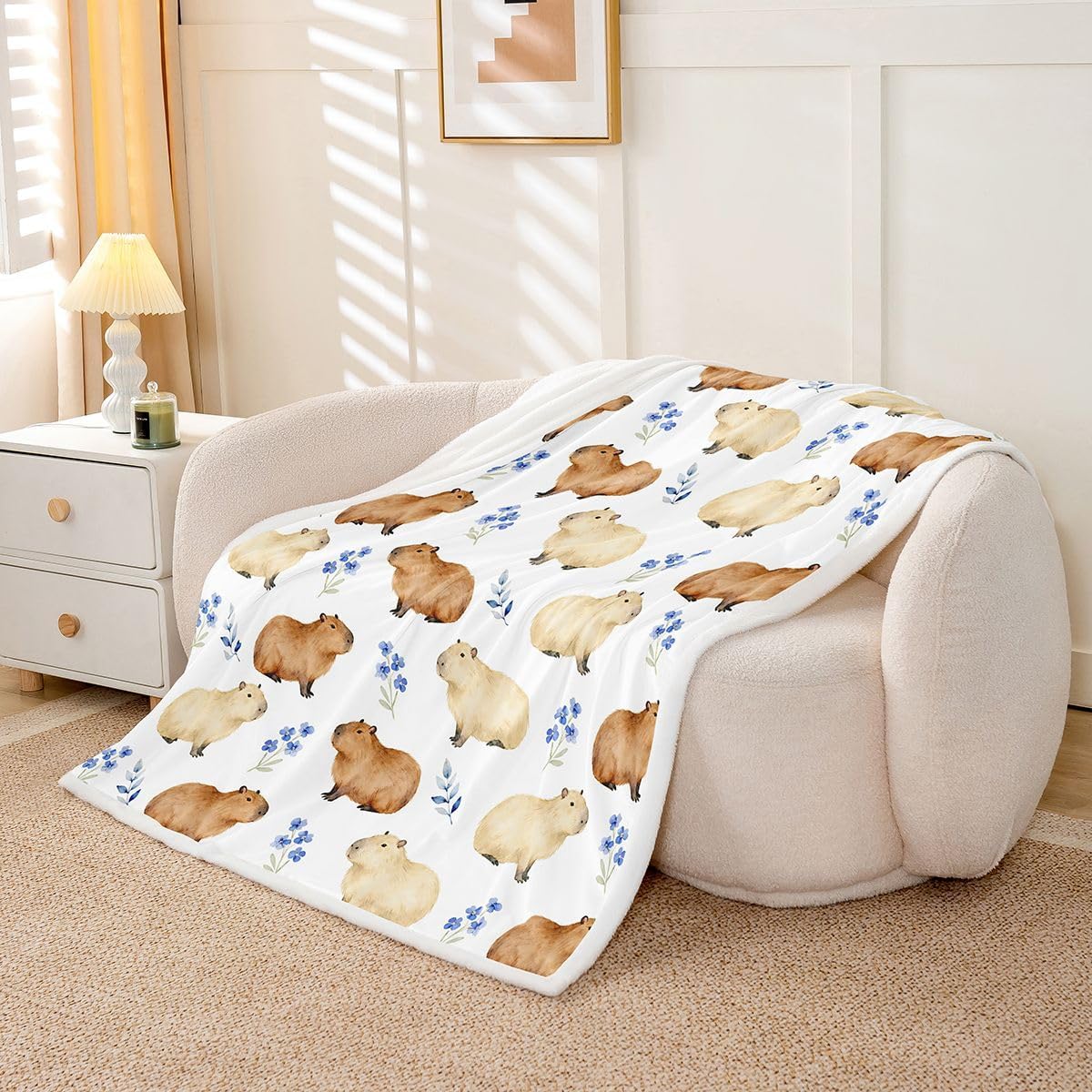 Feelyou Cartoon Capybara Sherpa Throw Blanket for Couch Floral Capybara Super Soft Cozy Fleece Sealife Blanket for Winter, Plush Throw Funny Animal Baby 30"x40" All Season