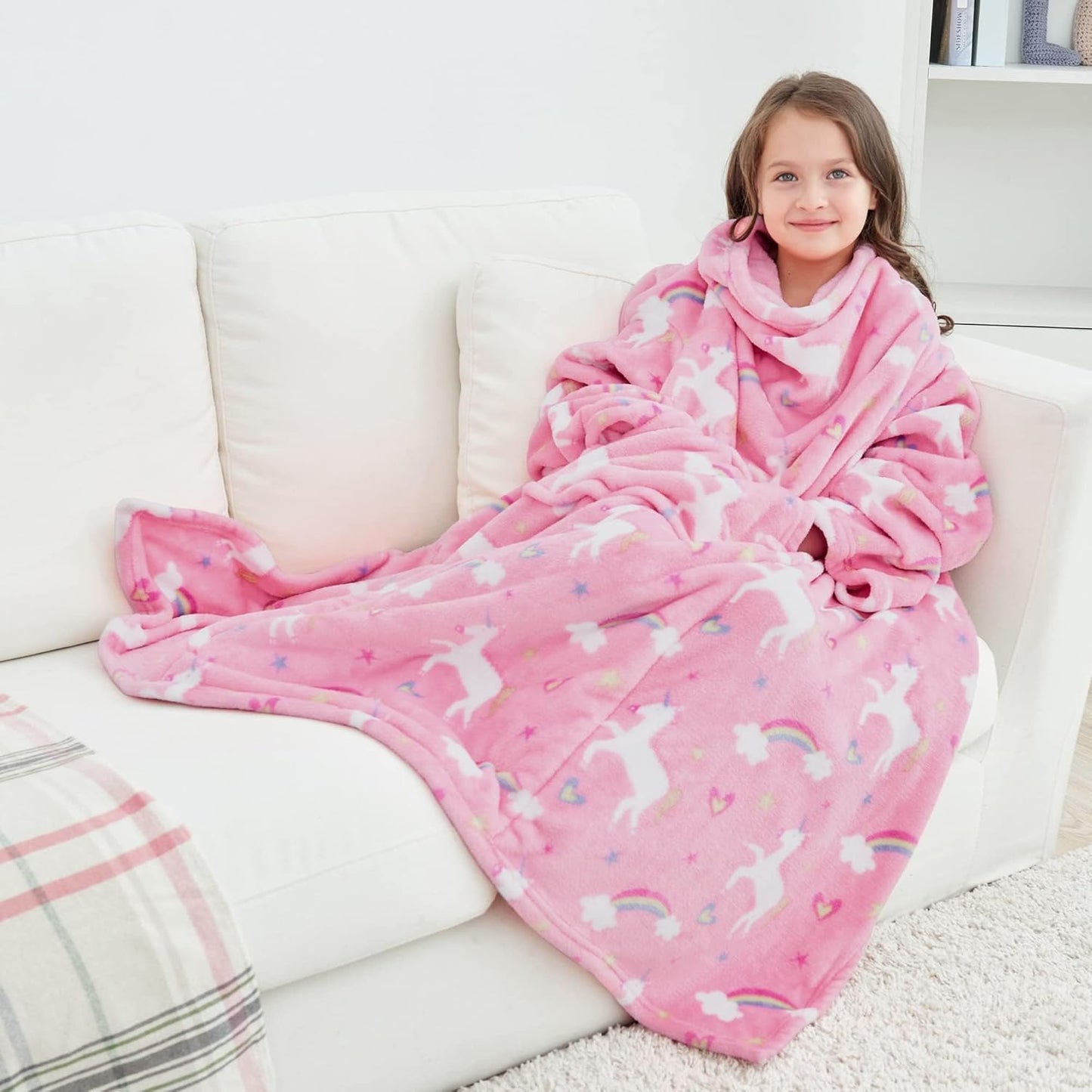 Softan Wearable Fleece Blanket with Sleeves & Foot Pocket for Kids Boys Girls Children,Lightweight Soft Blanket with Sleeves and Hook & Loop 48" x 48" Pink Unicorn