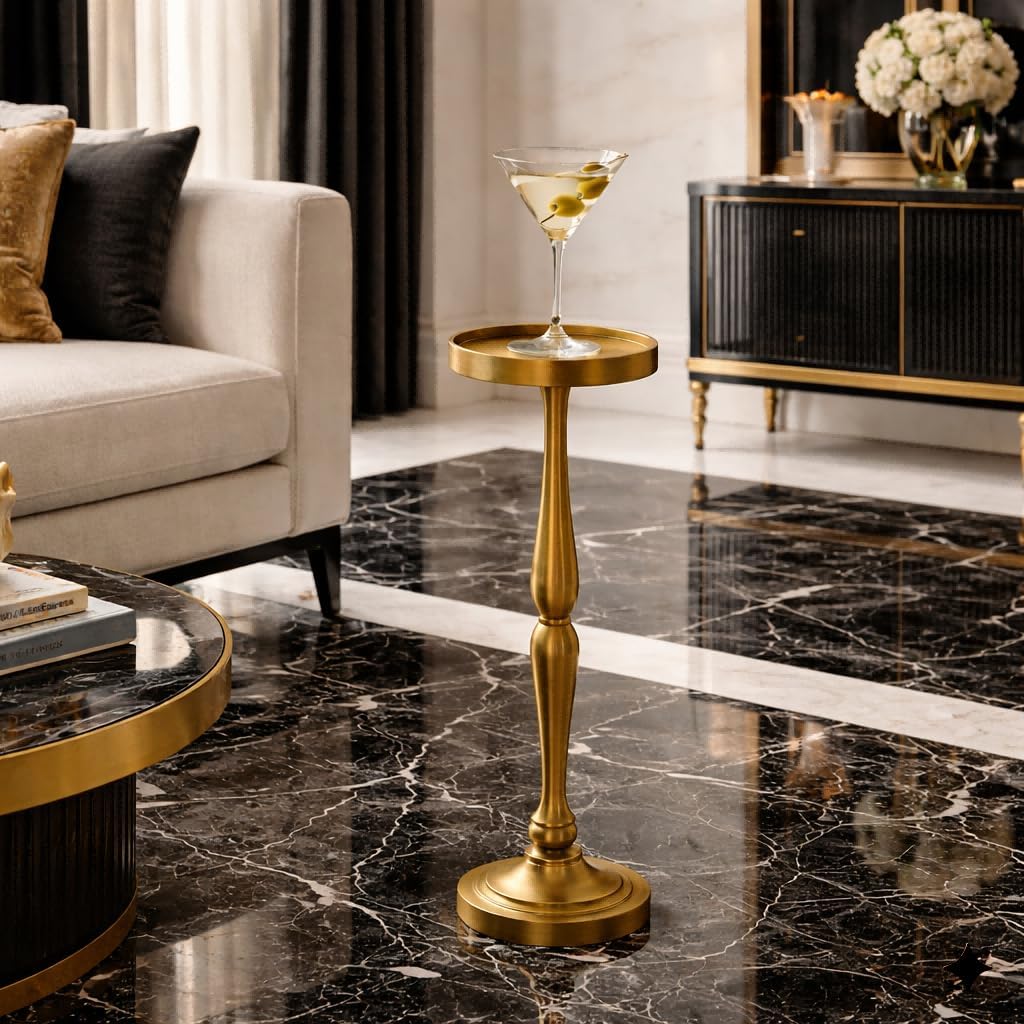 CHONNFEASTT® Tall Metal Drink Table, 26" Pedestal Accent Side Table with 5.7" Round Tray Top, Slim Brass End Table for Sofa Side, Cocktail, Martini, Plant Stand, Small Space Living Room Decor