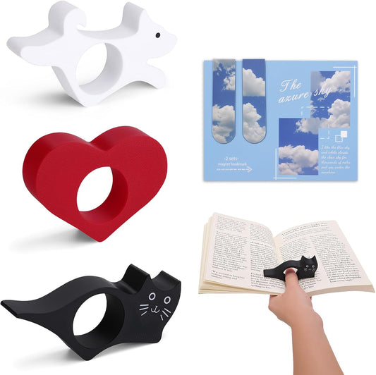 3D Printed Book Page Holder Set with Magnetic Bookmarks, Reading Aid, Relieve Hand Strain Black Cat White Dog Red Heart Design for Book Lovers Readers