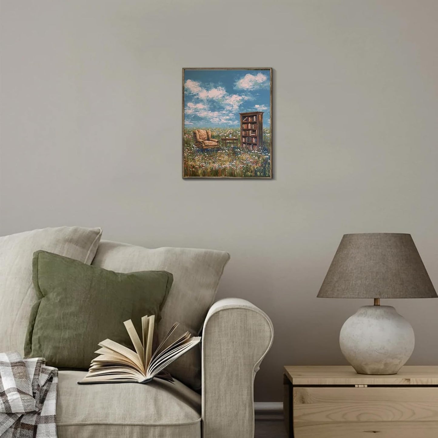 XOCUUI Vintage Whimsical Book Lover Wall Art, Impressionist Flower Field Painting Decor, Rustic Book Nook Canvas Prints, Bookish Gifts French Country Artwork for Bedroom Living Room 8x10 No Frame