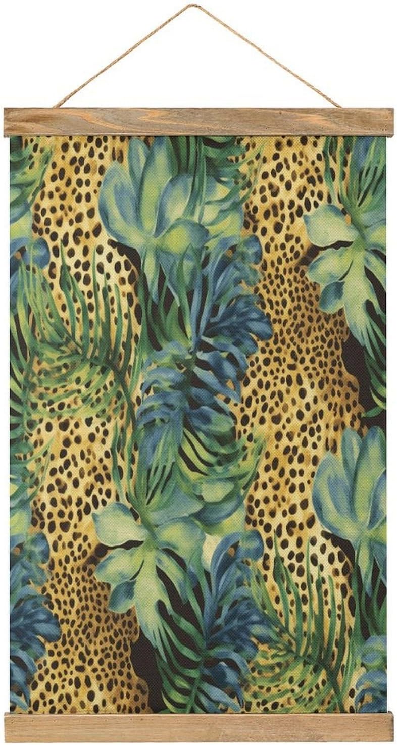 Vintage Print Animal Leopard Print Jungle Poster with Wooden Frame Personalized Linen Hanging Scroll Painting Rustic Wall Hanging Illustrative Modern Artwork Decor for Home Living Room Bedroom Office