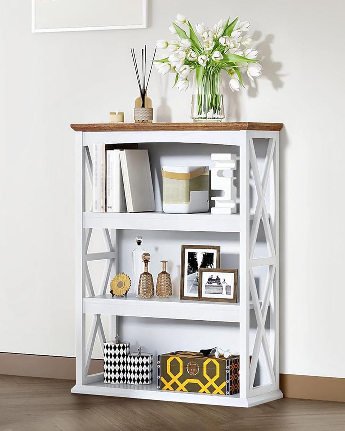 4-Tier Bookcase, 42.9" Floor Standing Organizer Shelf, Corner Book Stand, Metal Frame, for Study, Bedroom, Living Room, White and Walnut TSJ01WL