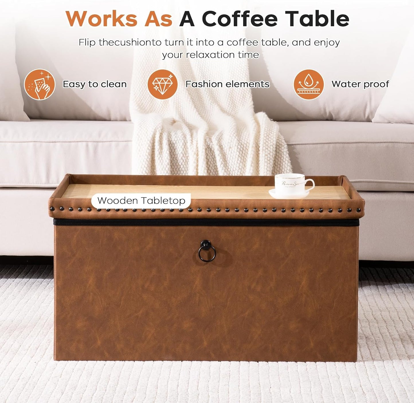 30 Inches Folding Storage Ottoman Bench, Ottoman PU Leather Tuffed End of Bed Bench, Foot Rest with Rivet Design, Ottoman with Storage, Load 330 lb, for Living Room, Bedroom, Entryway, Brown