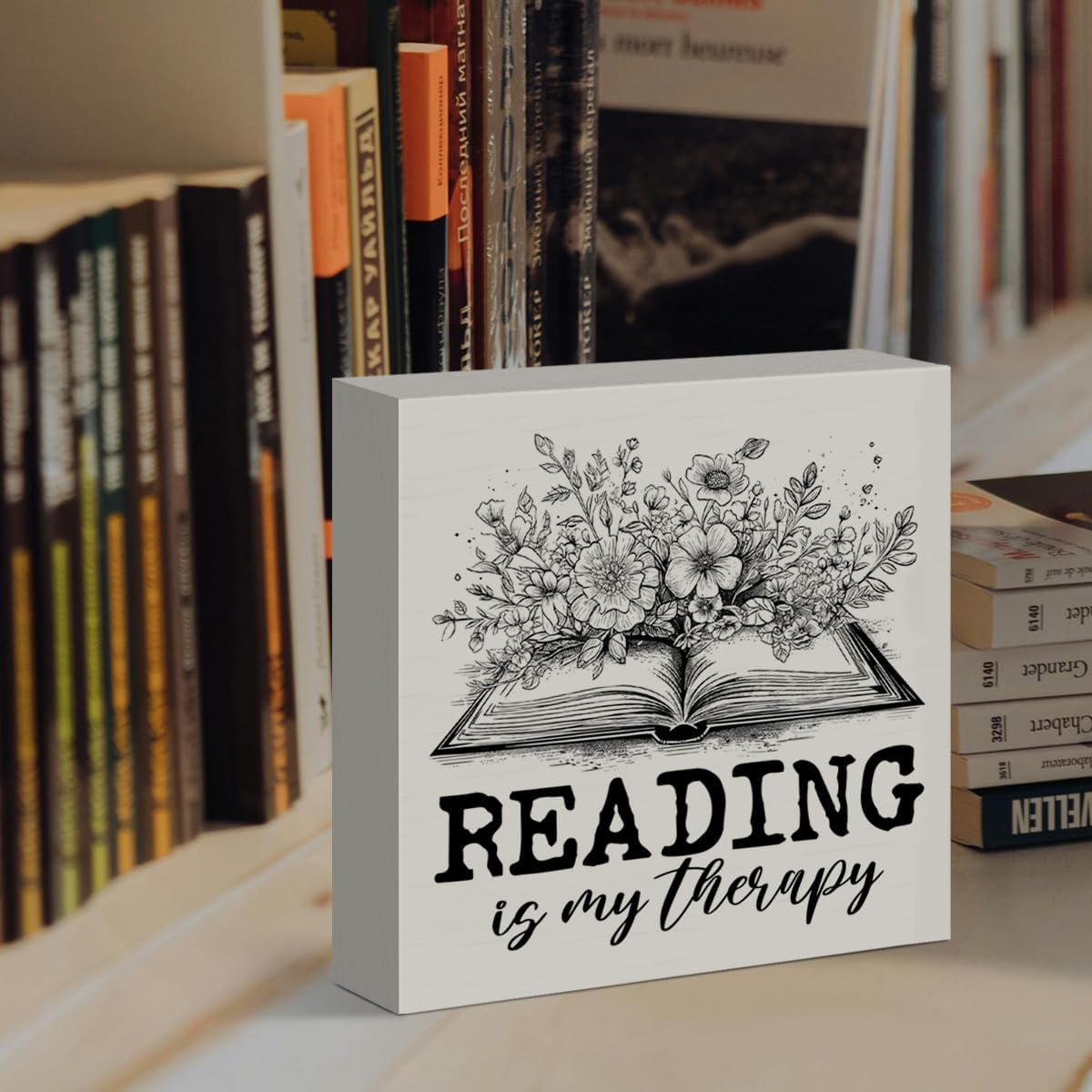 Book Lover Desk Decor Wooden Sign, Reading Nook Decoration for Home Library Girl Bedroom Bookworm Bookish Gifts for Women Book Lover Nerd Reader Librarian, Reading Is My Therapy