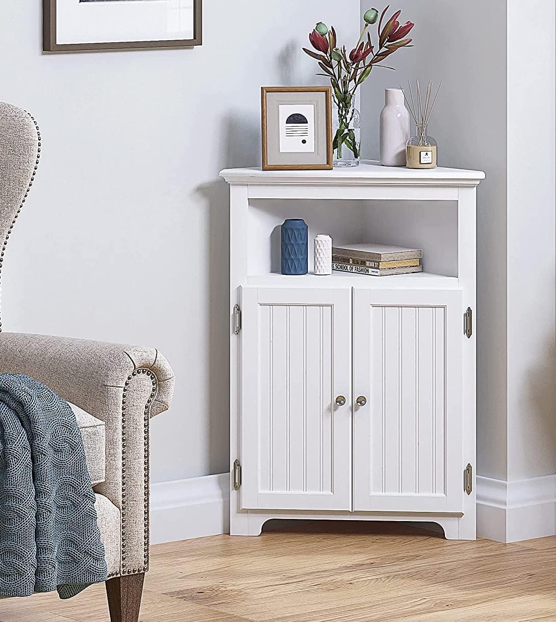 UTEX Bathroom Corner Storage Cabinet, Small Floor Corner Cabinet with Doors and Adjustable Shelves, Freestanding Narrow Storage Organizer for Bathroom, Kitchen, Living Room, White | Floor Corner Cabinet, Doors, Adjustable Shelves, Freestanding, Narrow Cab