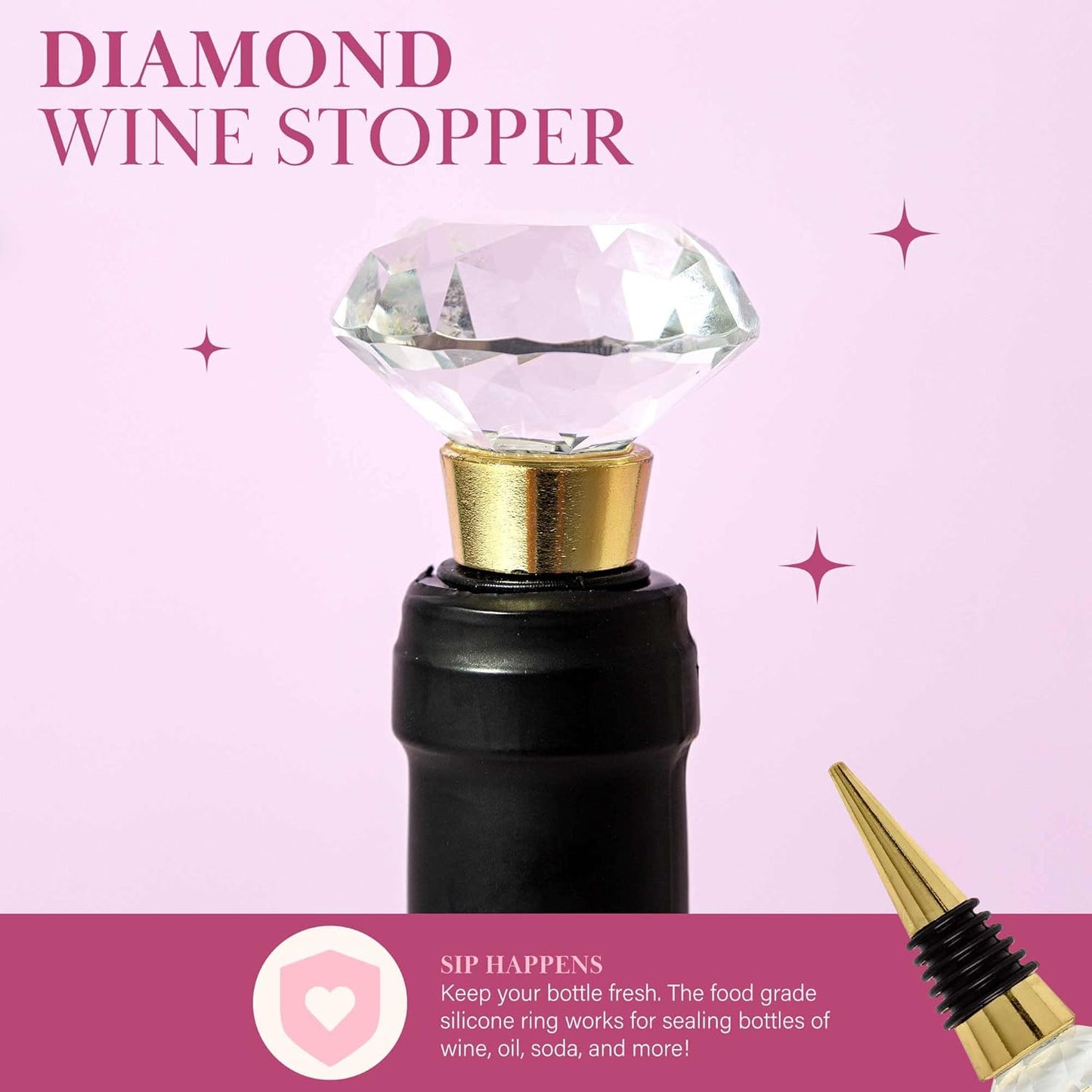 Paris Hilton Wine Bottle Chiller Set, Insulated Double Wall Chiller, Gold Winged Corkscrew Wine Bottle Opener, Diamond Wine Stopper, 3-Piece Set, Pink