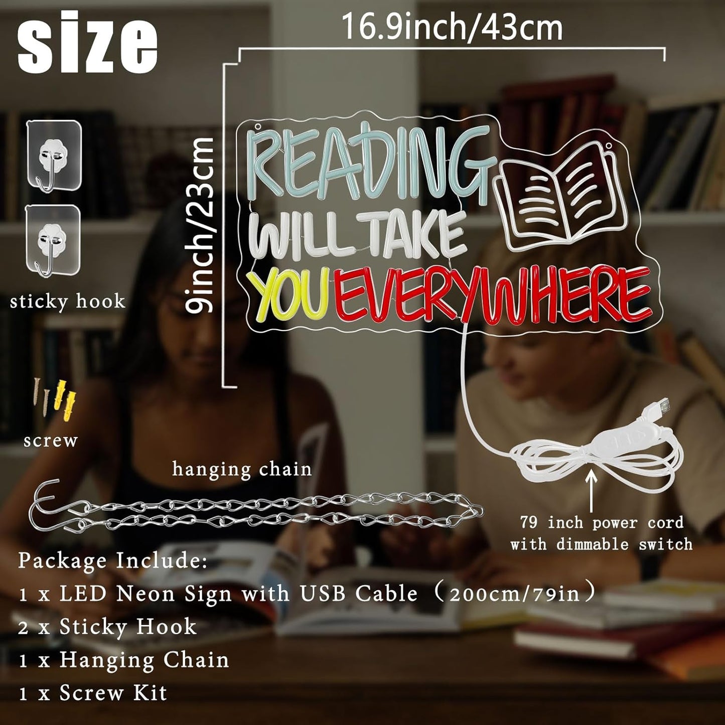 Read Neon Sign Reading Will Take You Everywhere Neon Signs, Read Books Neon Light for Wall Decor, Dimmable Student LED Neon Light Up Sign for Classroom Bedroom Bookstore Library Study Room Decoration Kids Presents