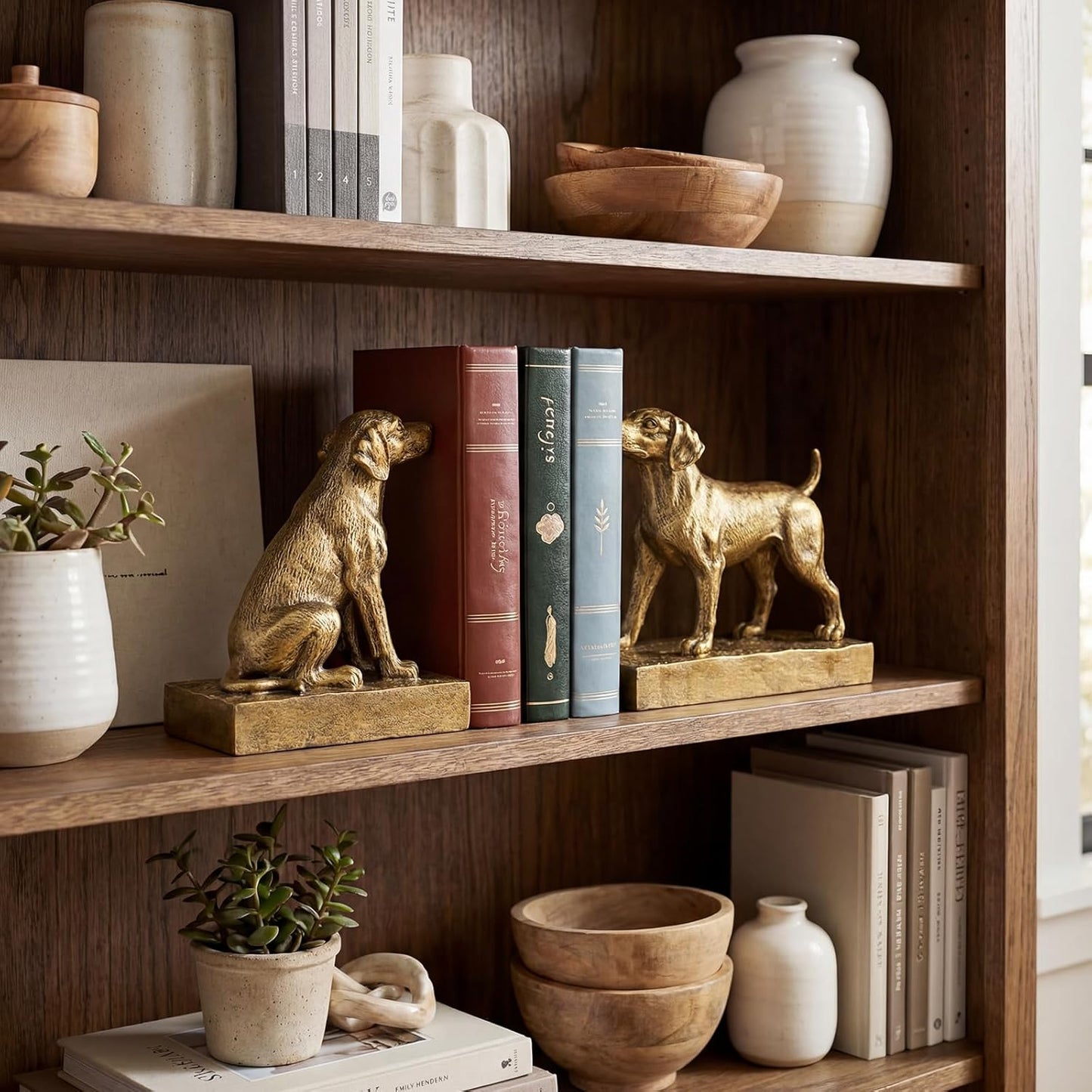 Decorative Bookends for Shelves, Labrador Dog Book Ends for Heavy Books, Lab Dog Statues Bookends for Heavy Books with Anti-Slip Base Book Holders for Home Office Decor (Gold)