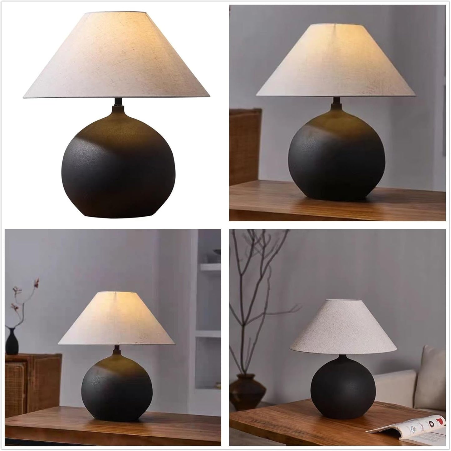 Rustic Round Black Ceramic Table Lamp 17.7'' Tall Farmhouse Black Crock Pot Desk Lamp Body with Tapered Fabric Shade Bedside Lamp for Living Room Bedroom House Office Entryway