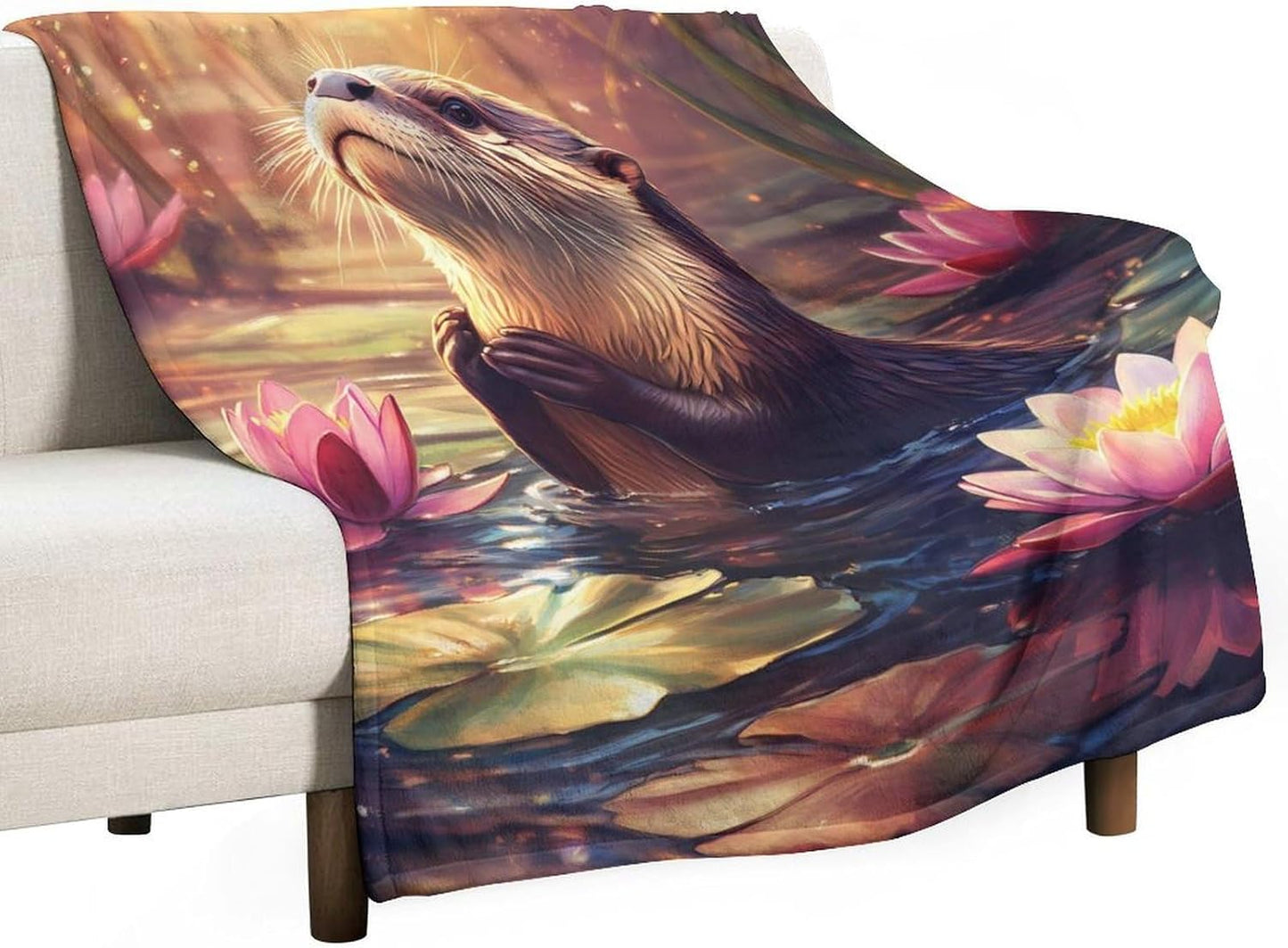 Otter Lotuses Throw Blanket for Couch Bed Plush Cozy Fuzzy Flannel Blanket for All Season 50"x60"